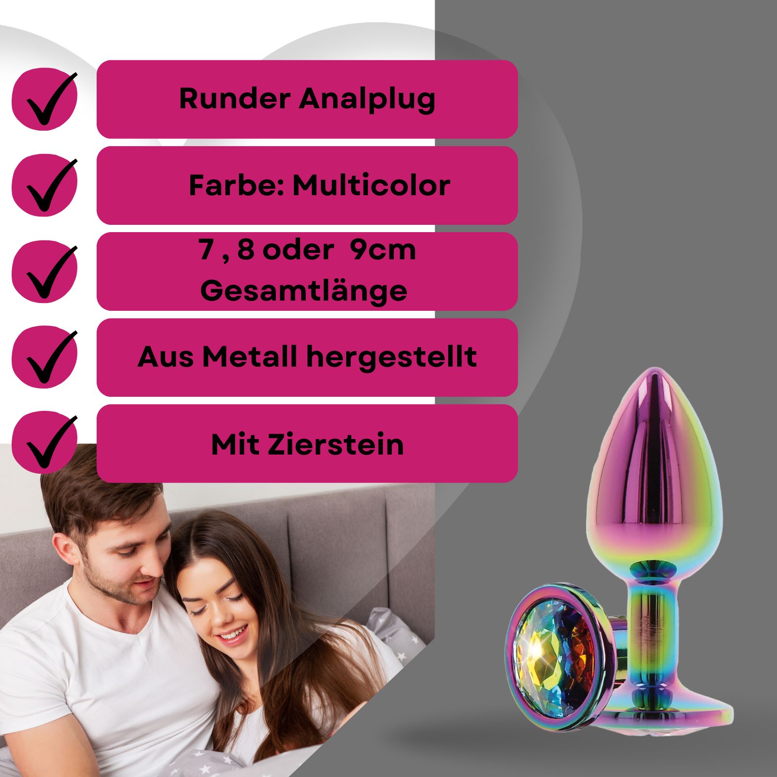 Analplug, mehrfarbig, aus Metall, mit Zierstein. Paar im Hintergrund. Produkt auf Podest.