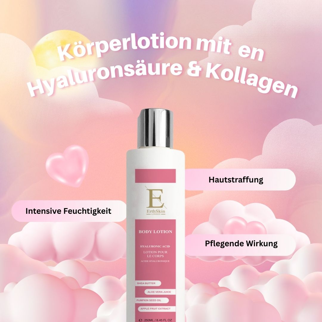 Körperlotion mit Hyaluronsäure & Kollagen. Weiße Flasche mit rosa Etikett. Text: ErthSkin, Body Lotion, Inhaltsstoffe, 250ml. Auf rosa Hintergrund.