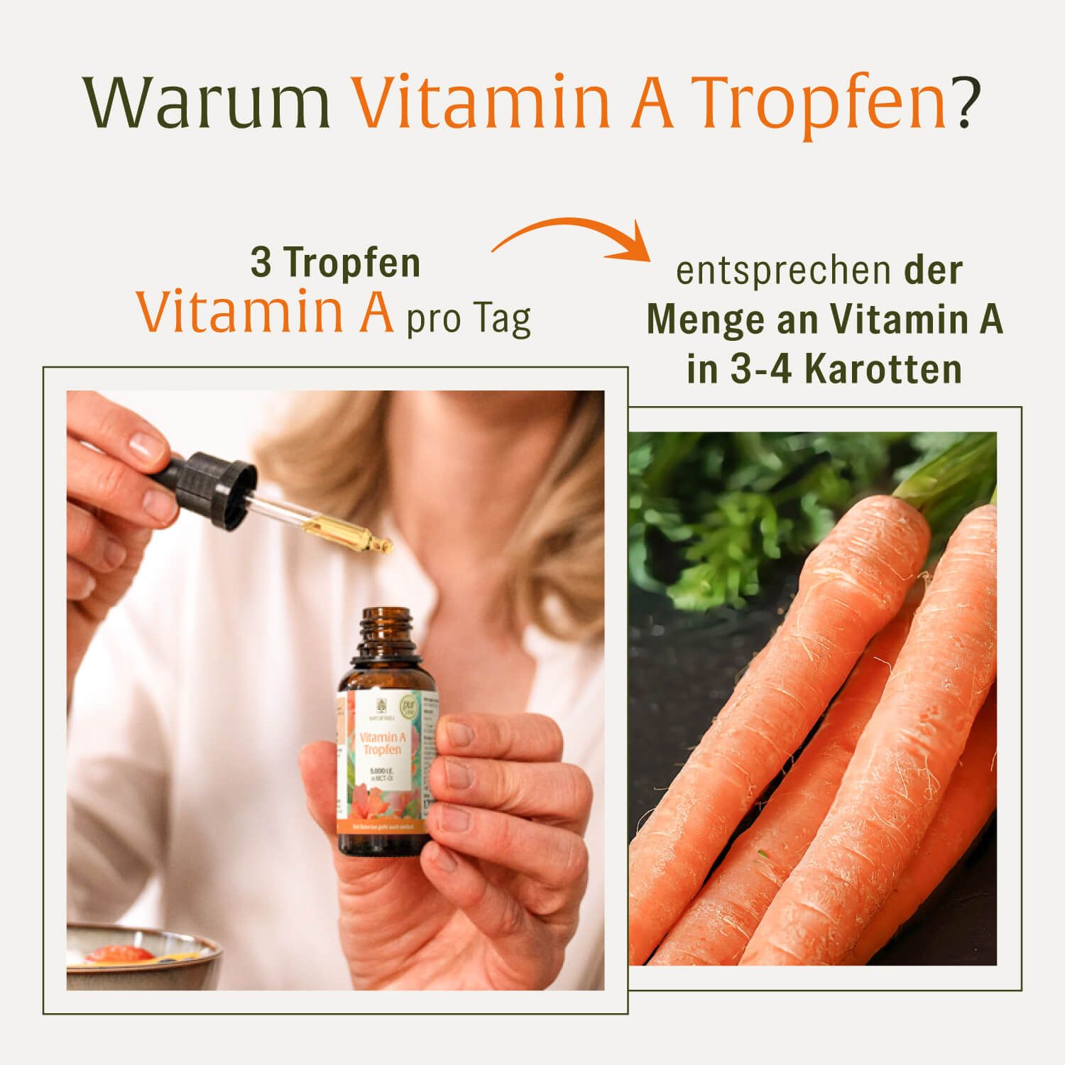 Hände halten Pipette und Flasche Vitamin A Tropfen neben Karotten.