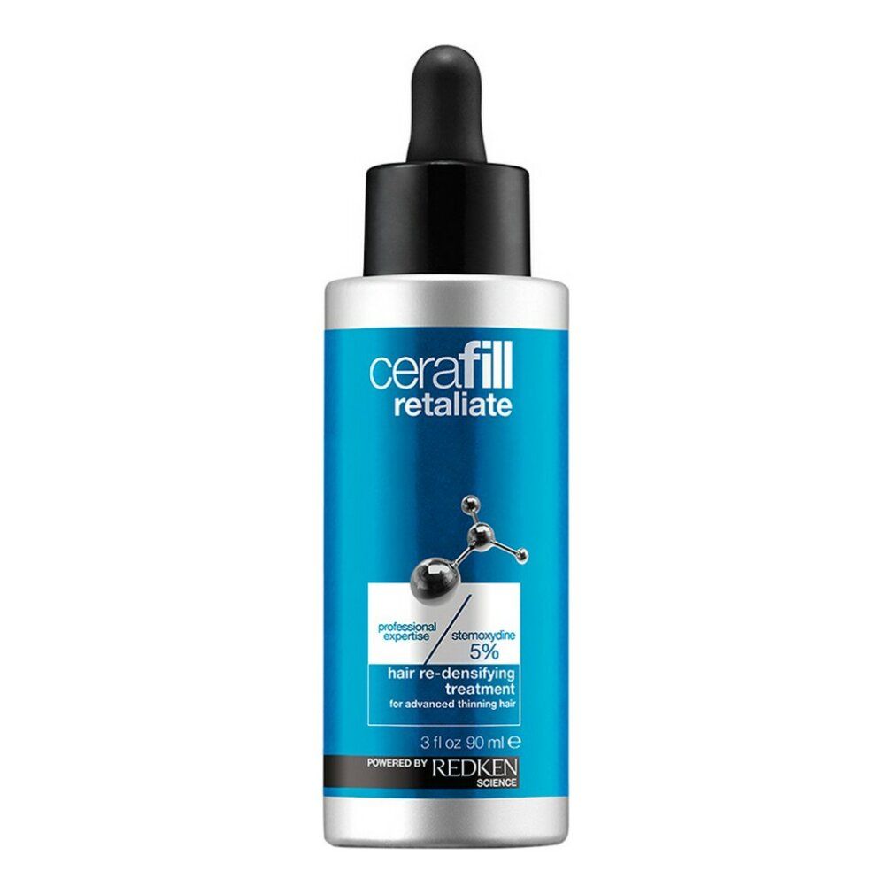 Blau-silberne Flasche mit schwarzem Deckel und Pipette. Aufschrift: Cerafill Retaliate, 5% Stemoxydine, Redken.