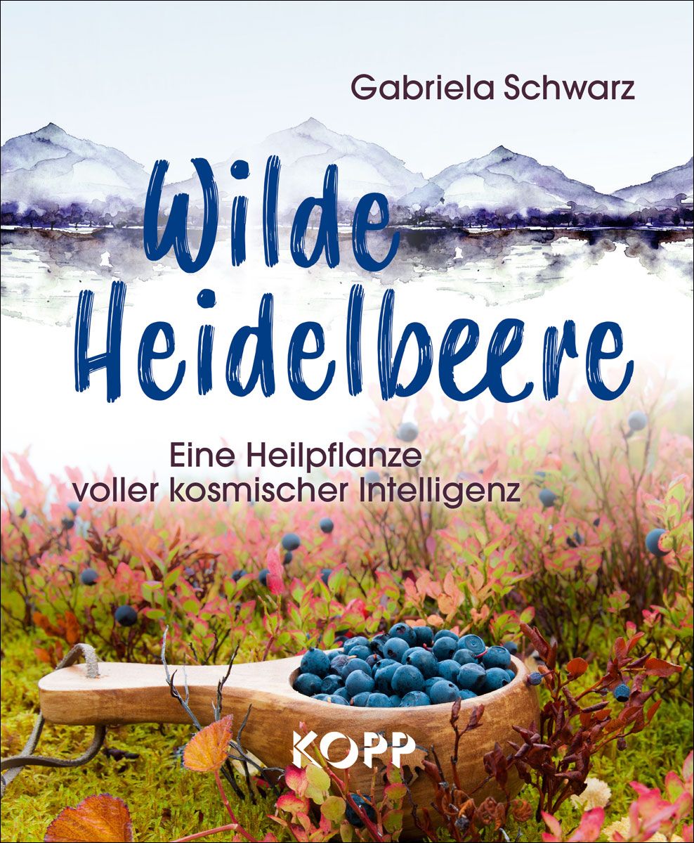 Buchcover mit Titel "Wilde Heidelbeere" und Autorin Gabriela Schwarz. Abbildung von Heidelbeeren in Holzschale, Hintergrund Landschaft.