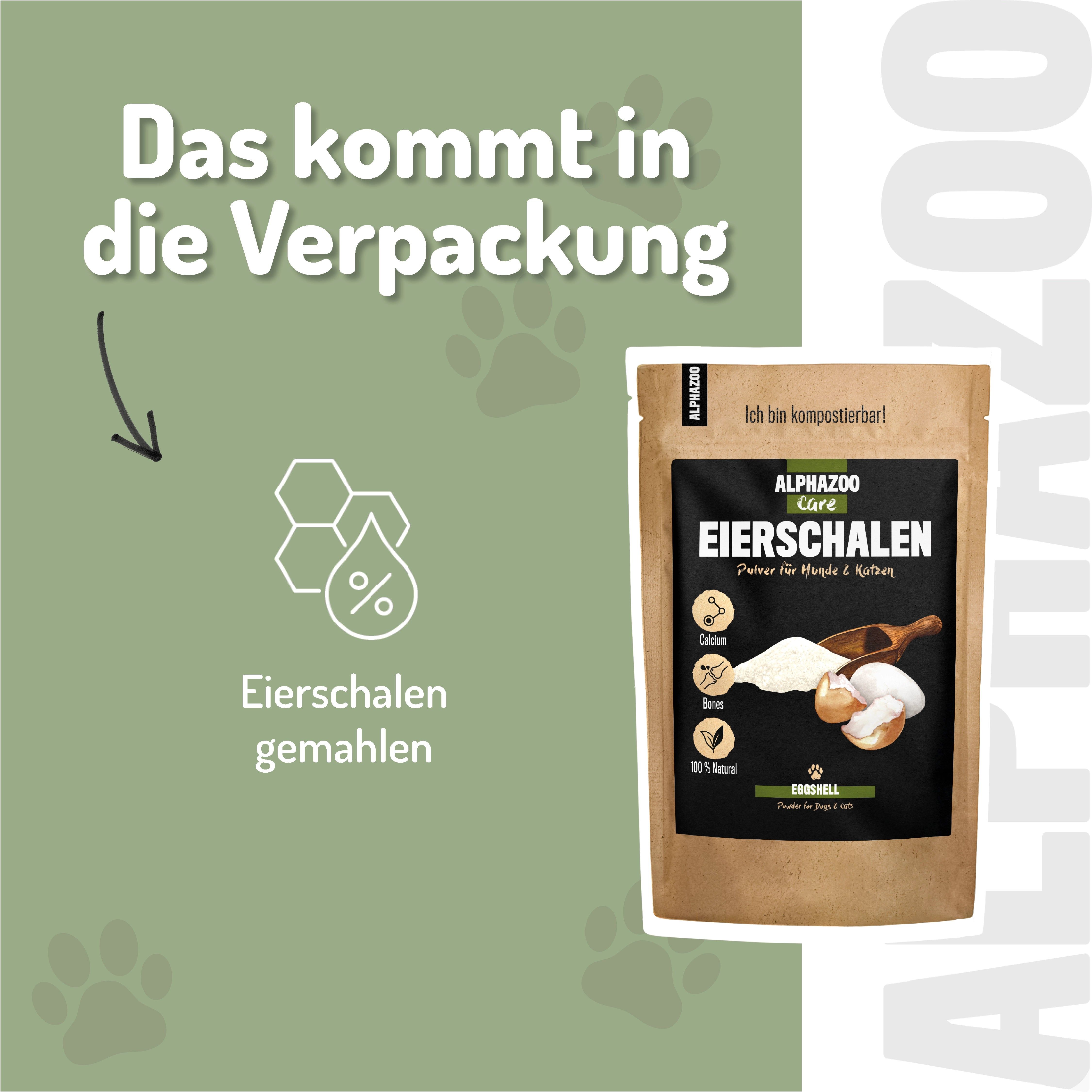 Verpackung ALPHAZOO Eierschalen-Pulver. Text: Eierschalen gemahlen. Aufdruck: Eierschalen, Pulver für Hunde & Katzen. Kompostierbar.