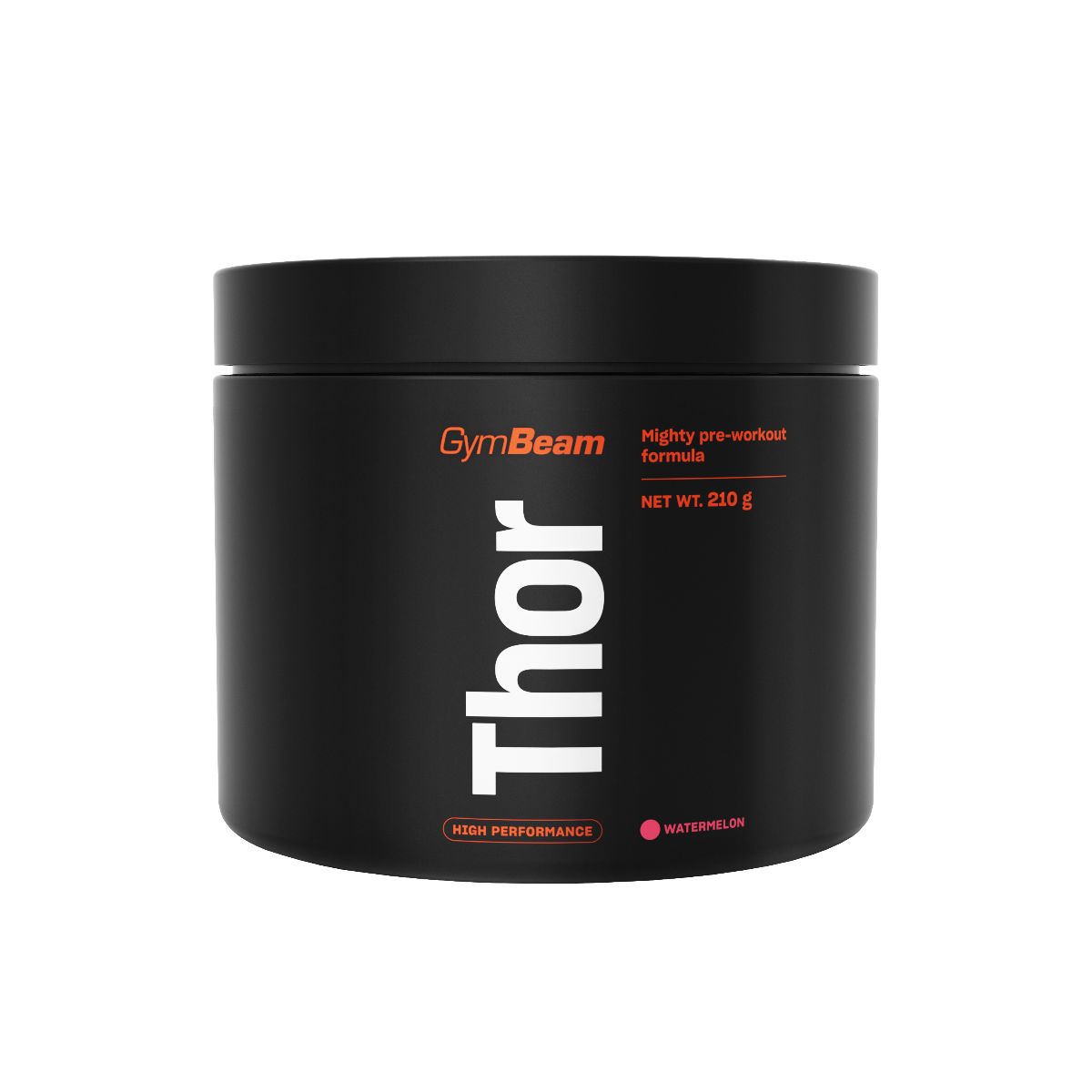 GymBeam Thor Pre-Workout Pulver in schwarzer Dose, 250g, Wassermelone Geschmack.