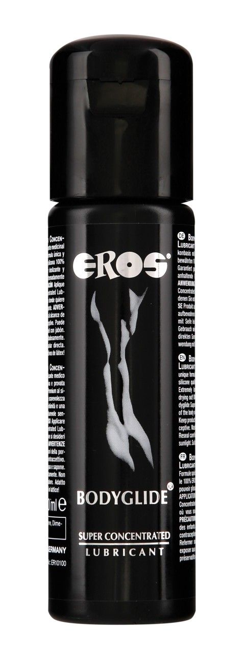 Schwarze Flasche mit weißem Etikett. Aufschrift: EROS, BODYGLIDE, SUPER CONCENTRATED LUBRICANT. Abbildung einer Frau.