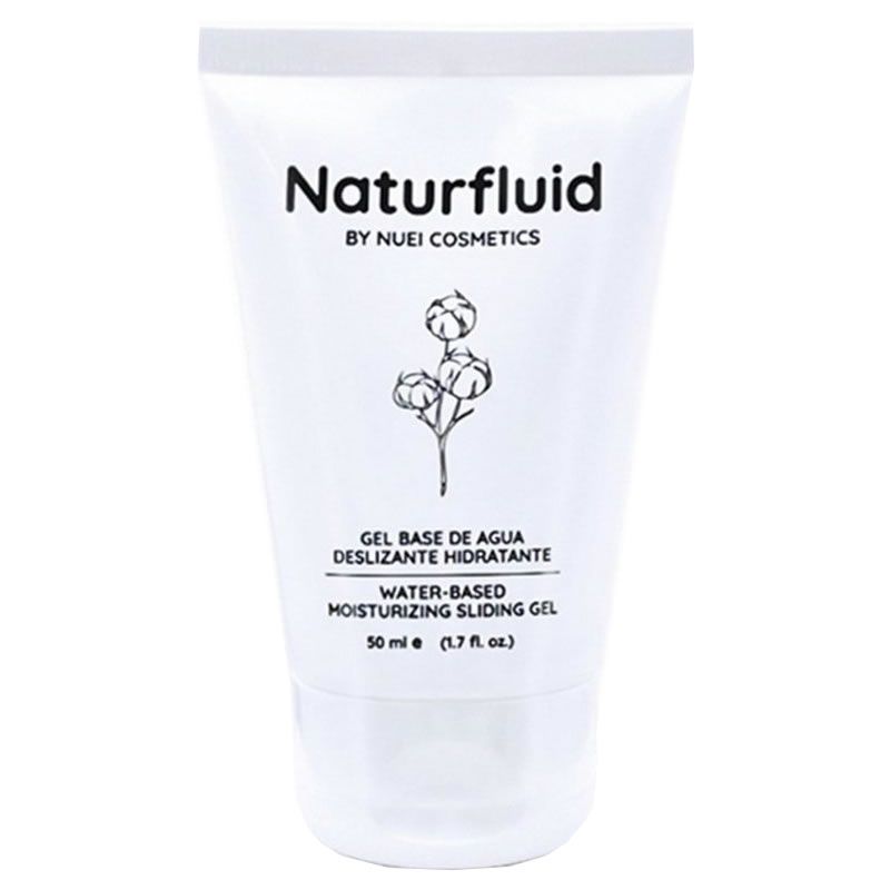 Weiße Tube mit schwarzem Aufdruck. Produktname: Naturfluid. Text: Wasserbasiertes Gleitgel. 50 ml.