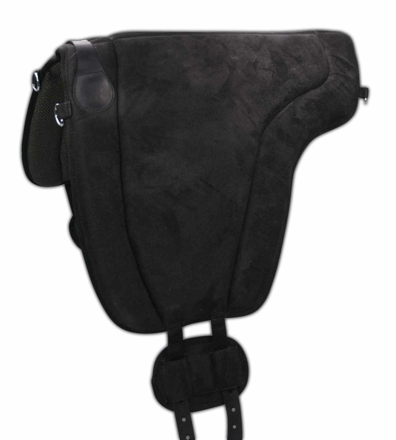 Schwarzer Bareback Pad. Oberseite aus Wildleder-Optik, Unterseite mit Gurten. D-Ringe für Zubehör. 