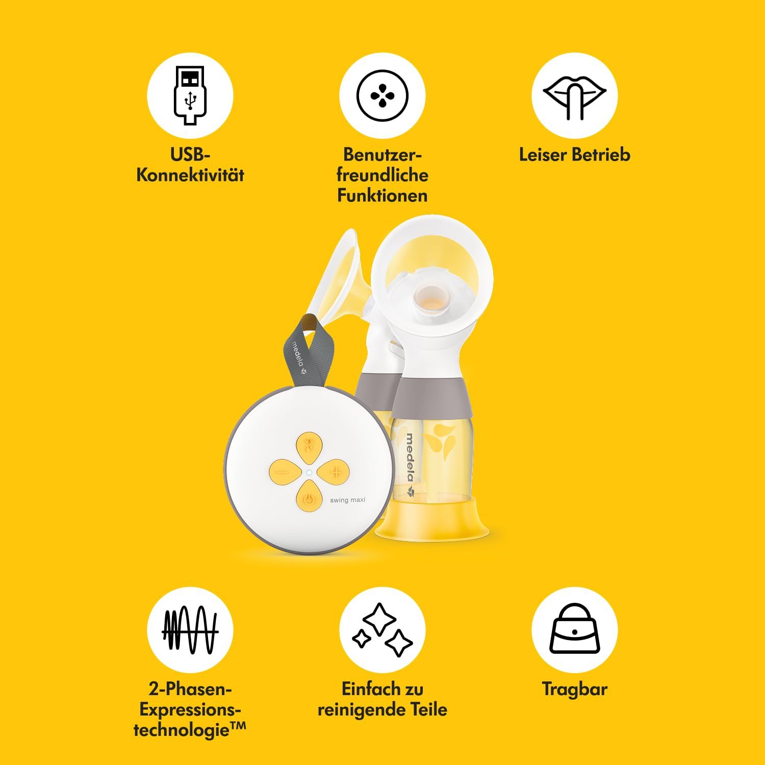 Elektrische Milchpumpe mit weißem Gehäuse, gelben Akzenten. Symbole für USB, benutzerfreundliche Funktionen, leiser Betrieb.