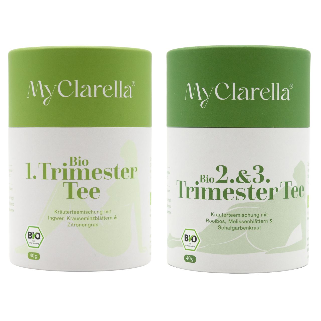Zwei zylindrische Teeverpackungen mit grünem Deckel. Aufschrift: MyClarella, Bio 1. Trimester Tee, Bio 2.&3. Trimester Tee. Bio-Siegel.