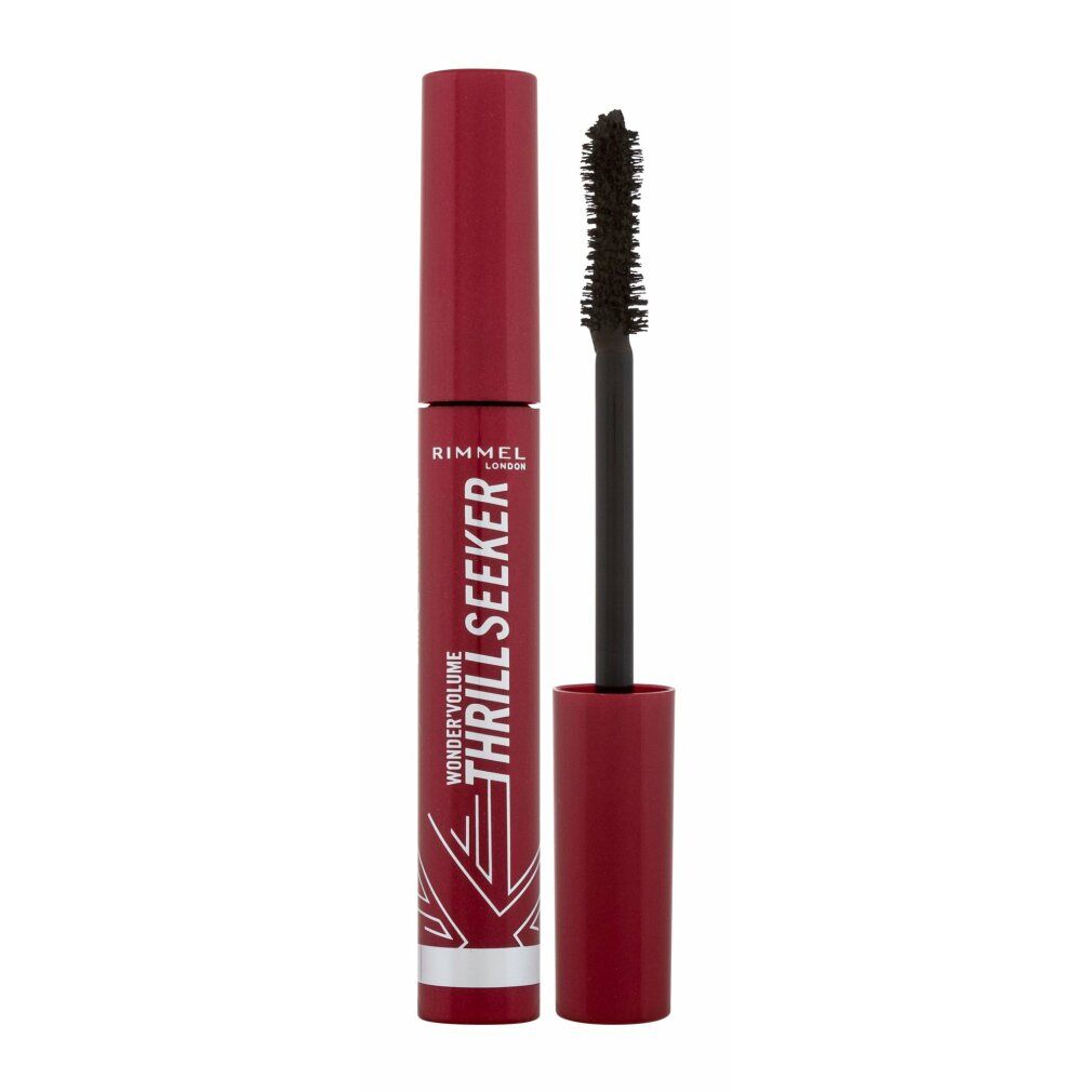 Rimmel London Mascara. Rote Hülse. Aufschrift: Wonder Volume Thrill Seeker Extreme Black. Bürste sichtbar.