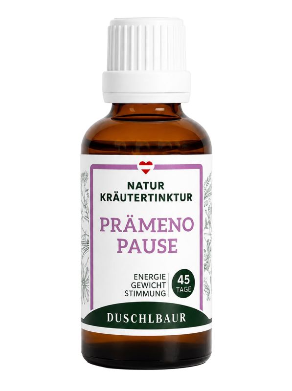 Braune Glasflasche mit weißem Schraubverschluss. Etikett mit 'PRÄMENO PAUSE' und Kräutermotiv.