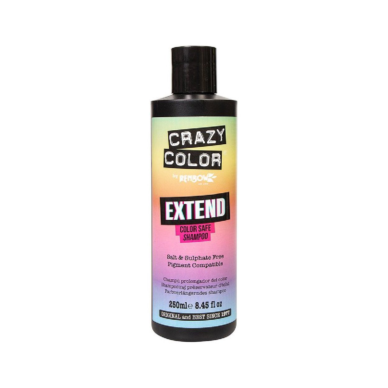 Flasche Shampoo. Schwarz, mit farbigem Etikett. Aufschrift: CRAZY COLOR, EXTEND COLOR SAFE SHAMPOO. 250ml.
