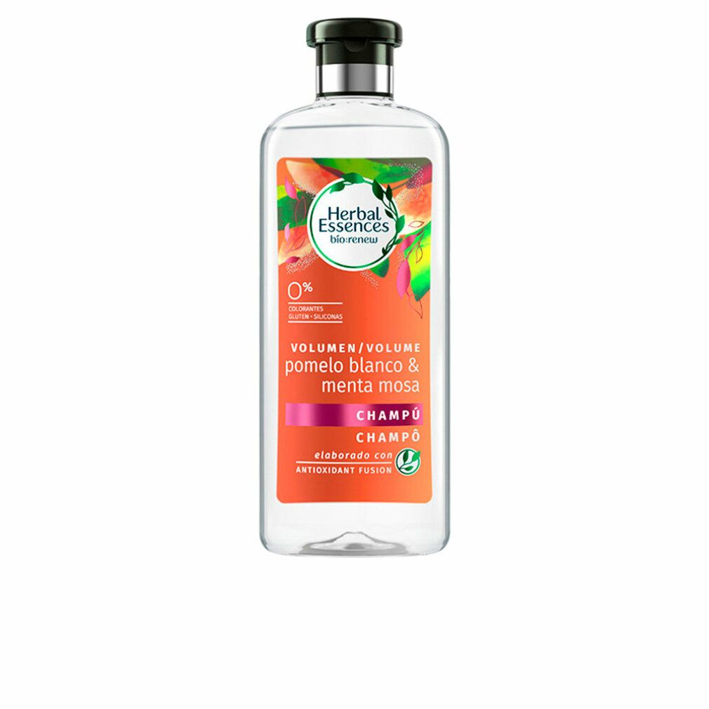 Transparente Shampoo-Flasche mit schwarzem Deckel. Etikett mit Produktnamen, Inhaltsstoffen und Logo. Volumen/Pomelo Blanco & Menta Mosa.