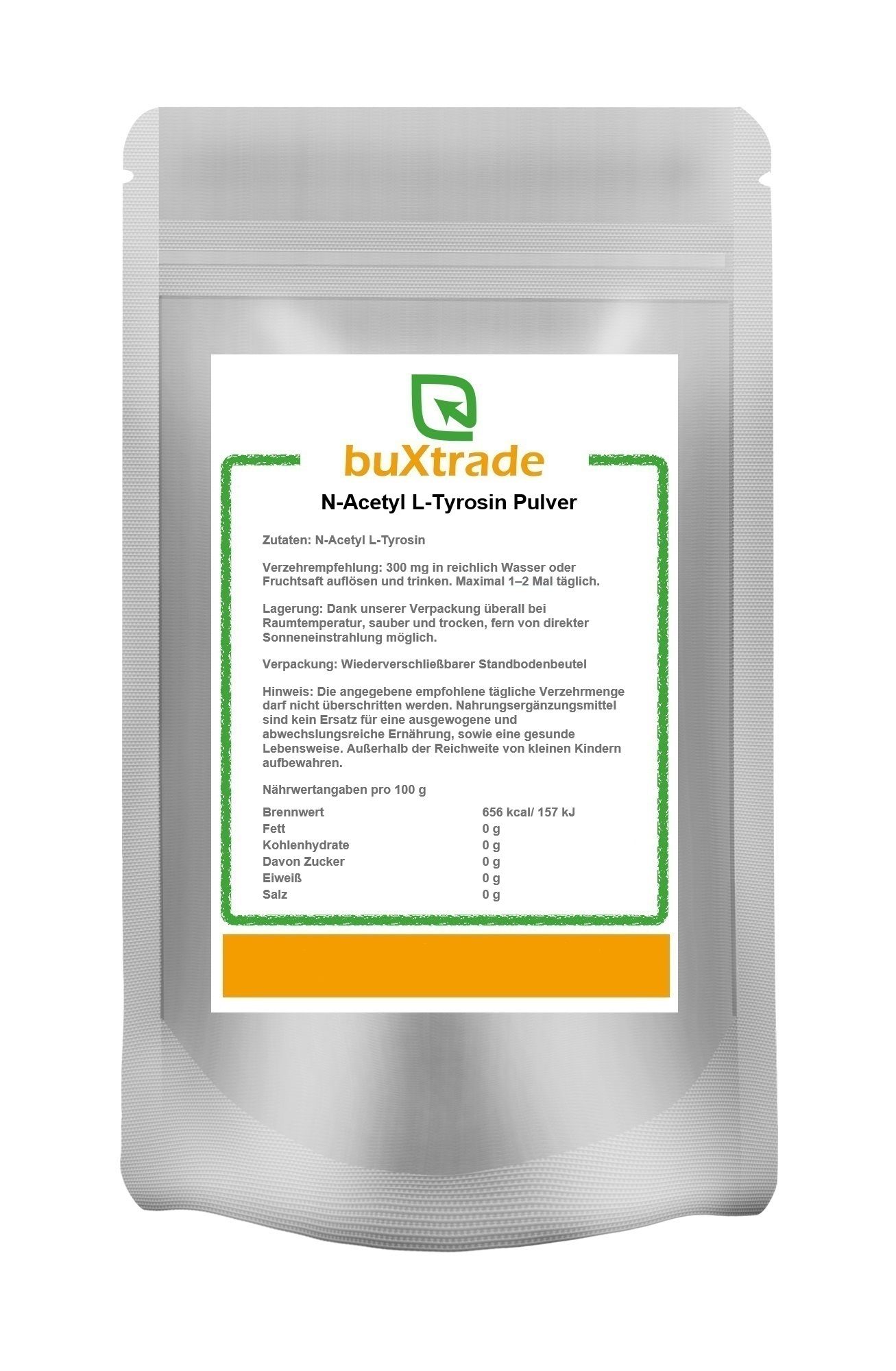 Beutel mit Produktinformationen. Aufschrift: buXtrade N-Acetyl L-Tyrosin Pulver. Wiederverschließbar.