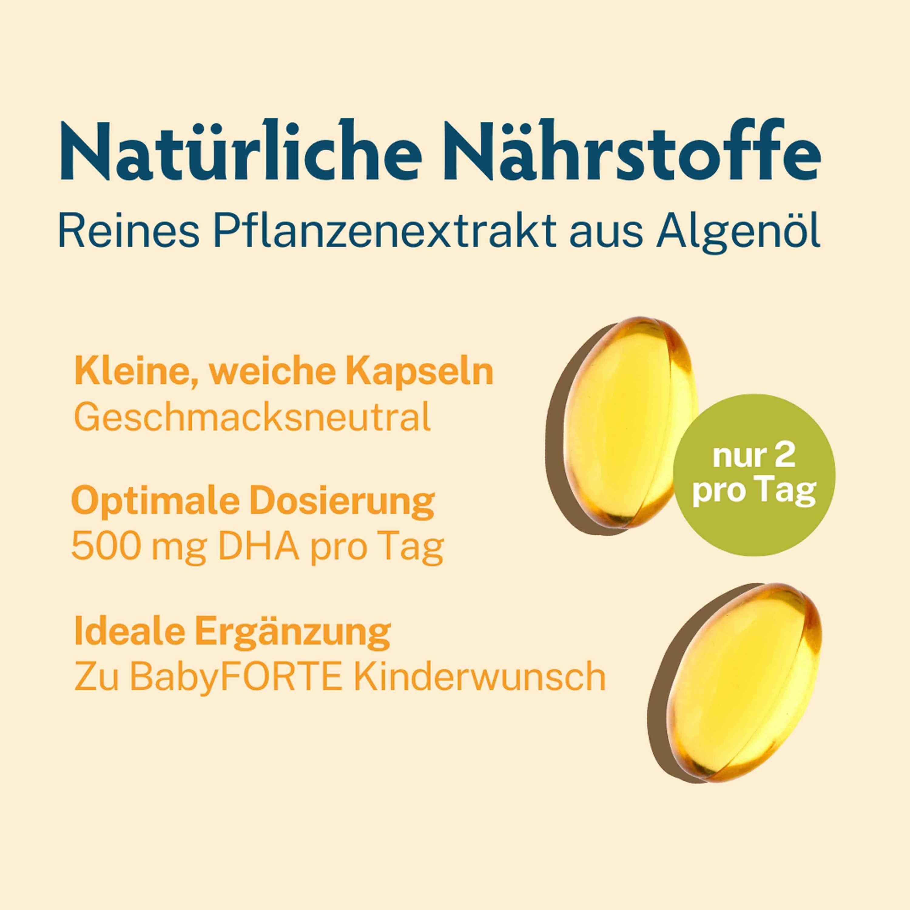 Zwei gelbe Omega-3-Kapseln. Text: Natürliche Nährstoffe, Reines Pflanzenextrakt aus Algenöl. Kleine, weiche Kapseln. 500 mg DHA.