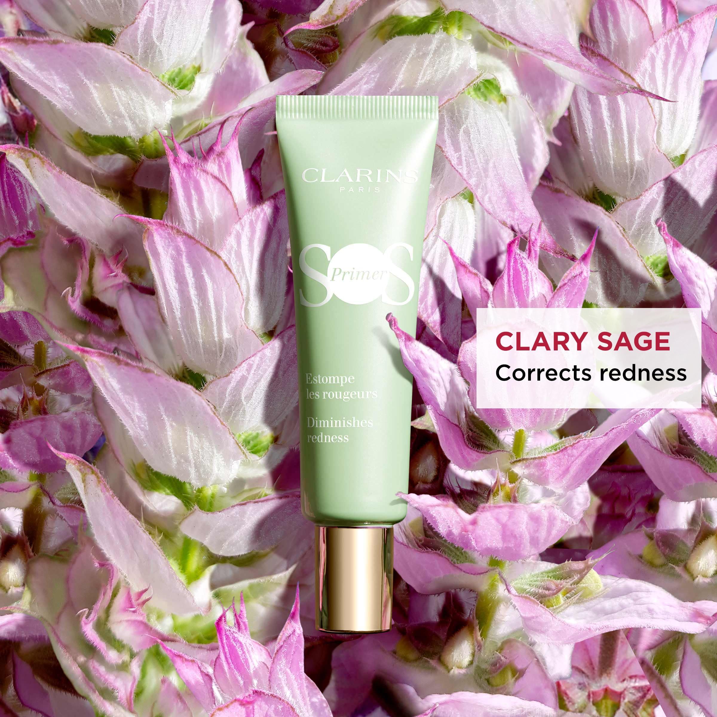 Grüne Tube mit Text. Text: CLARINS, SOS Primer, Clary Sage, Corrects redness.