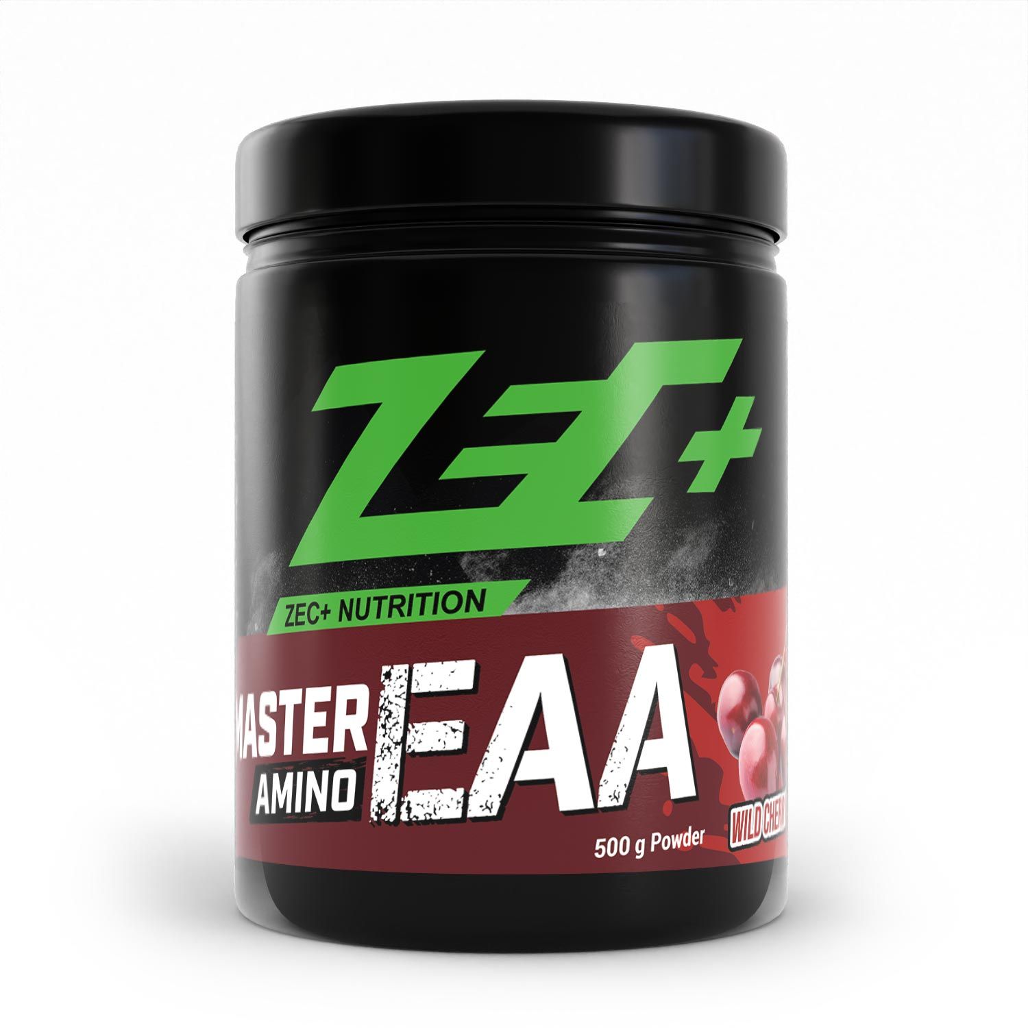 Schwarze Dose mit grünem Logo und rotem Etikett. Text: ZEC+ MASTER AMINO EAA Pulver Wildkirsche. 500g Powder.
