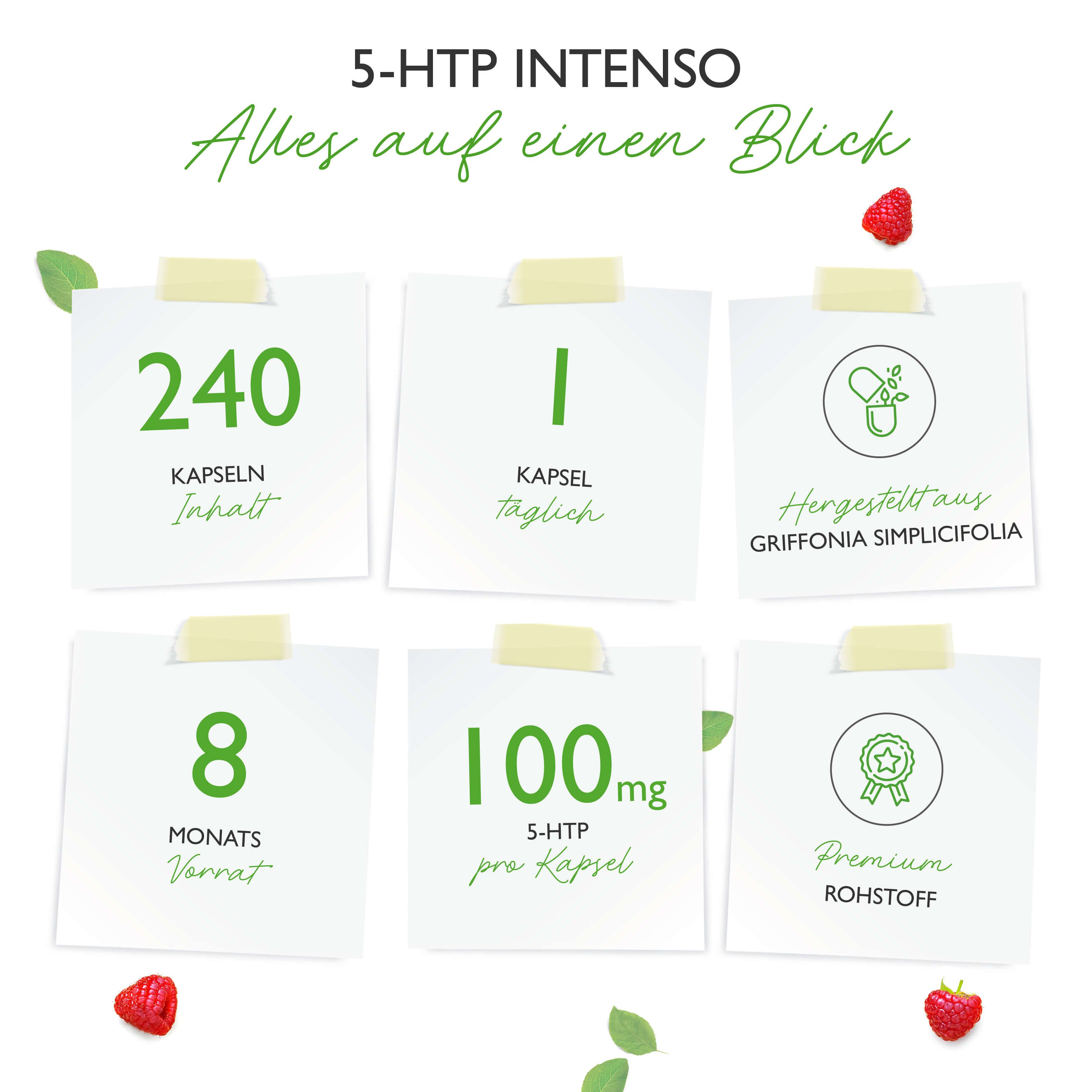 Infografik mit Notizzetteln. 240 Kapseln, 1 täglich, Griffonia Simplicifolia, 8 Monate Vorrat, 100mg pro Kapsel, Premium Rohstoff.