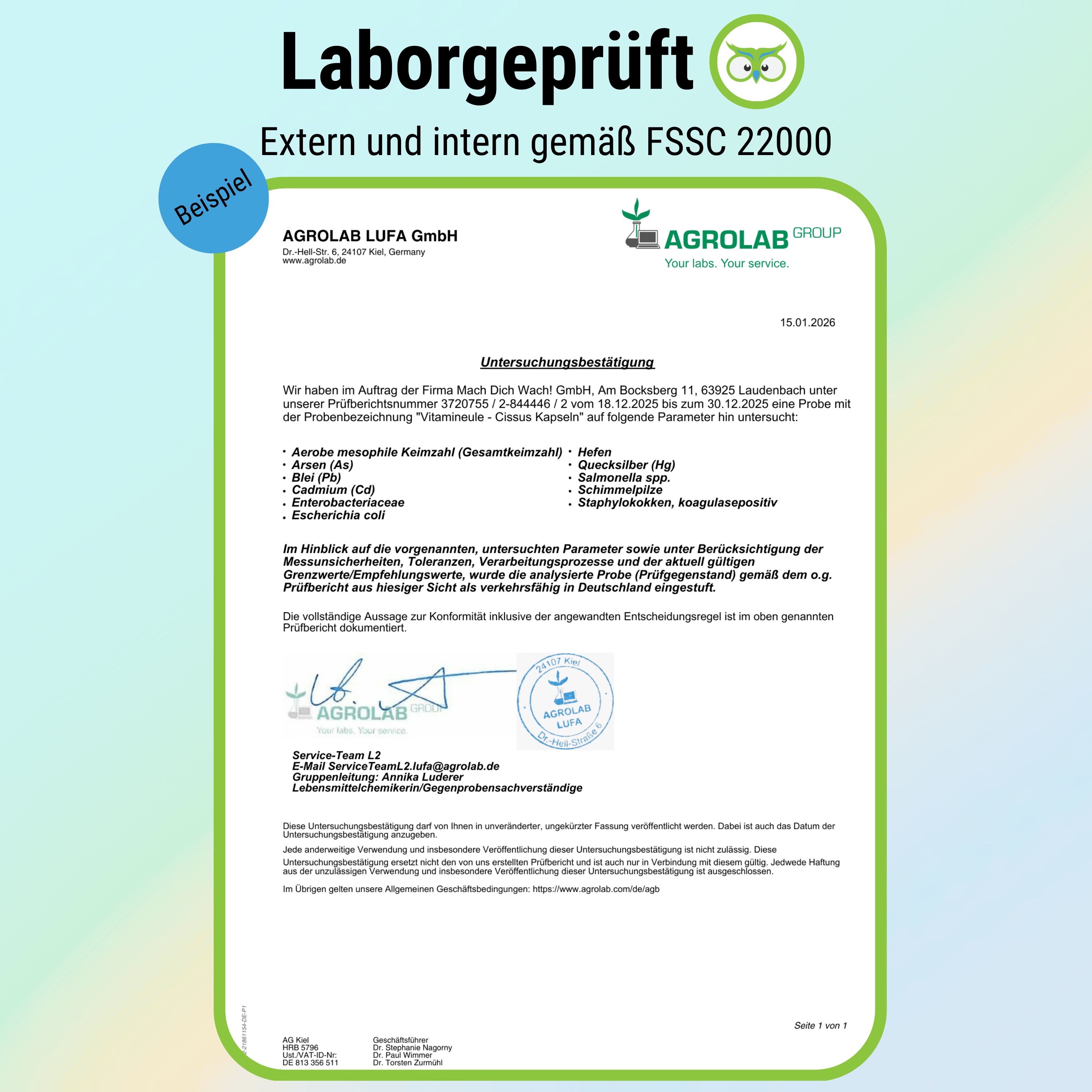 Zertifizierungsdokument von AGROLAB LUFA GmbH. Untersucht auf Parameter wie Blei, Cadmium, Arsen, etc. Externe und interne Prüfung gemäß FSSC 22000.