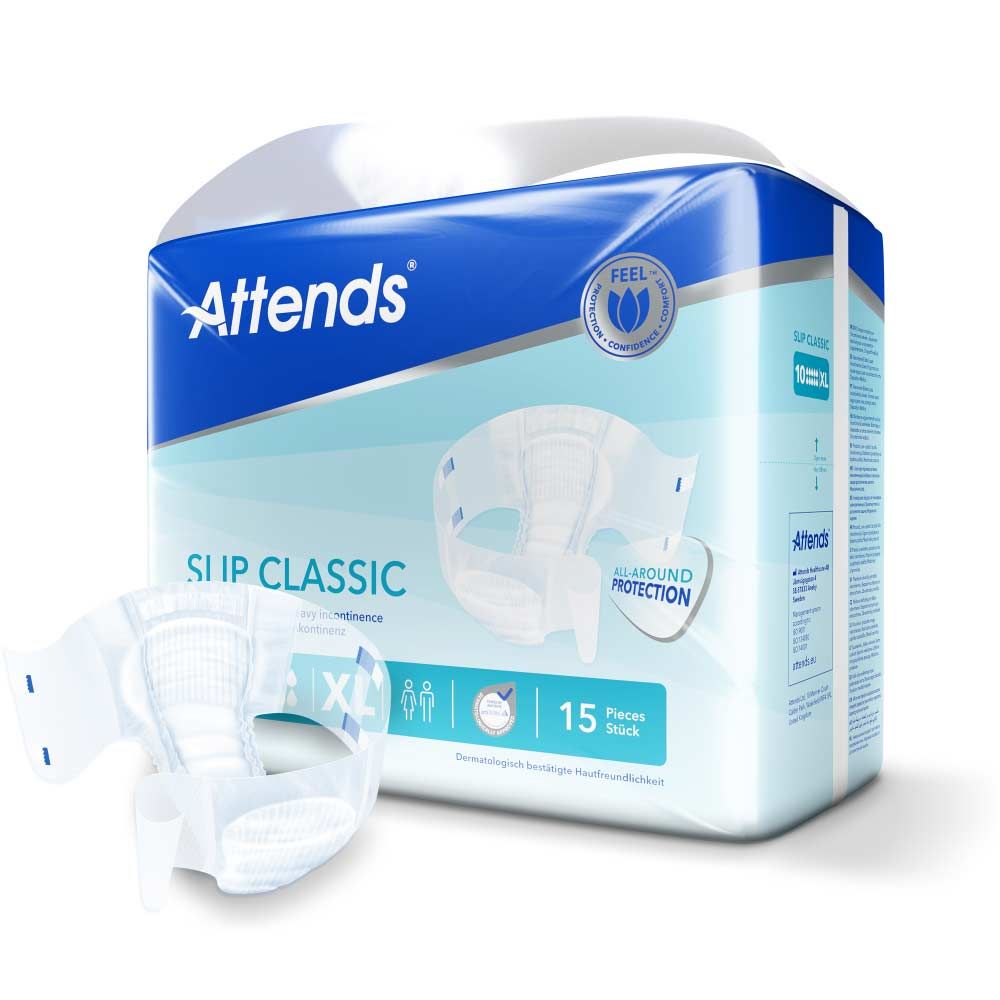 Attends Slip Classic XL-Packung. Inkontinenzprodukt. 15 Stück. Produkt teilweise sichtbar. Blaue und weiße Verpackung mit Logo und Produktabbildung.