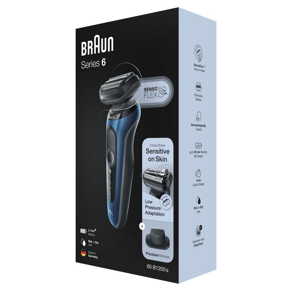 Braun Series 6 Elektrorasierer, blau, in Verpackung. SensoFlex-Technologie, 60-B1200s. Wet & Dry, Made in Germany.