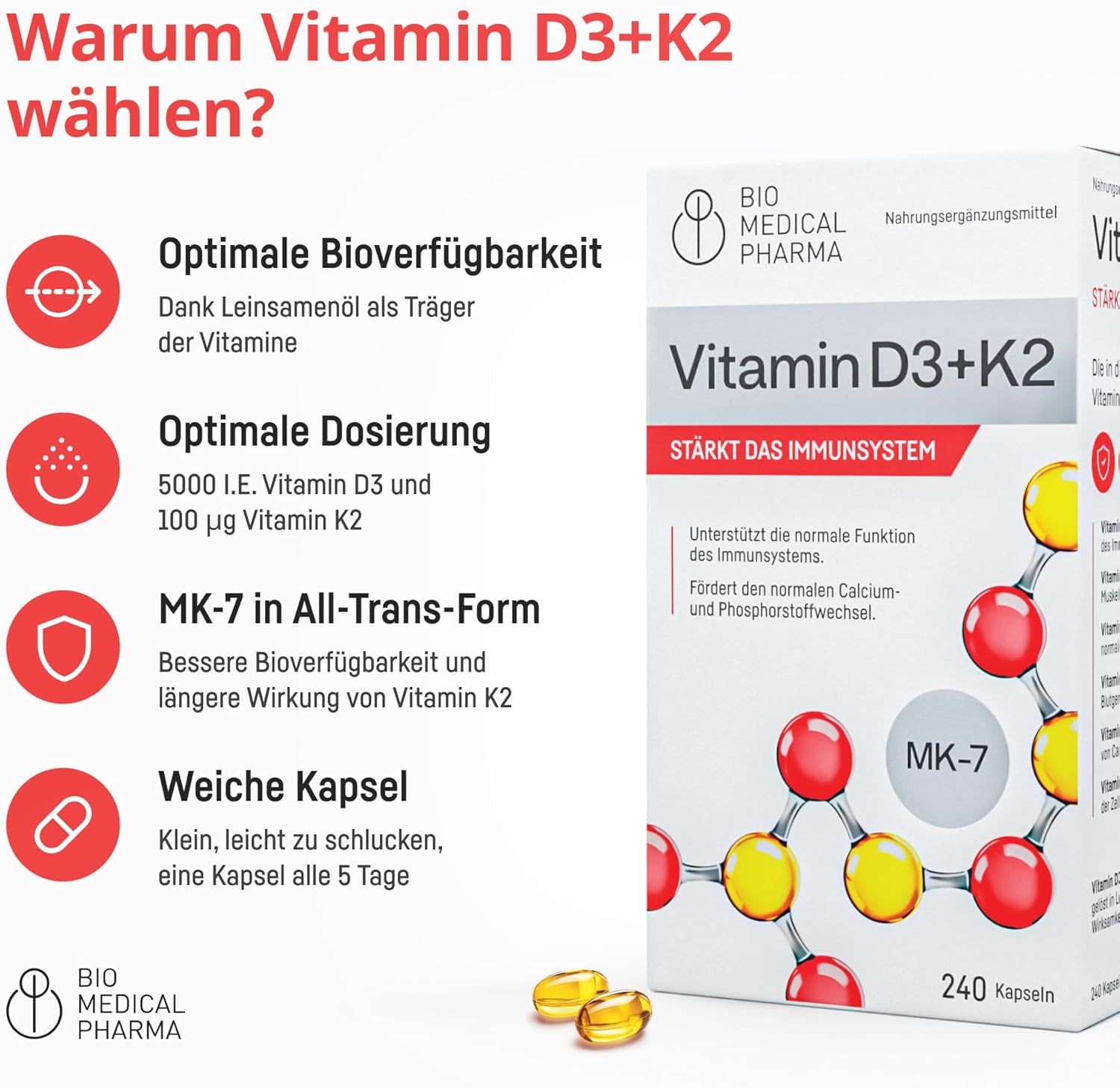 Bio Medical Pharma Vitamin D3+K2 Kapseln: Stärkt das Immunsystem. Optimale Dosierung, MK-7 in All-Trans-Form.
