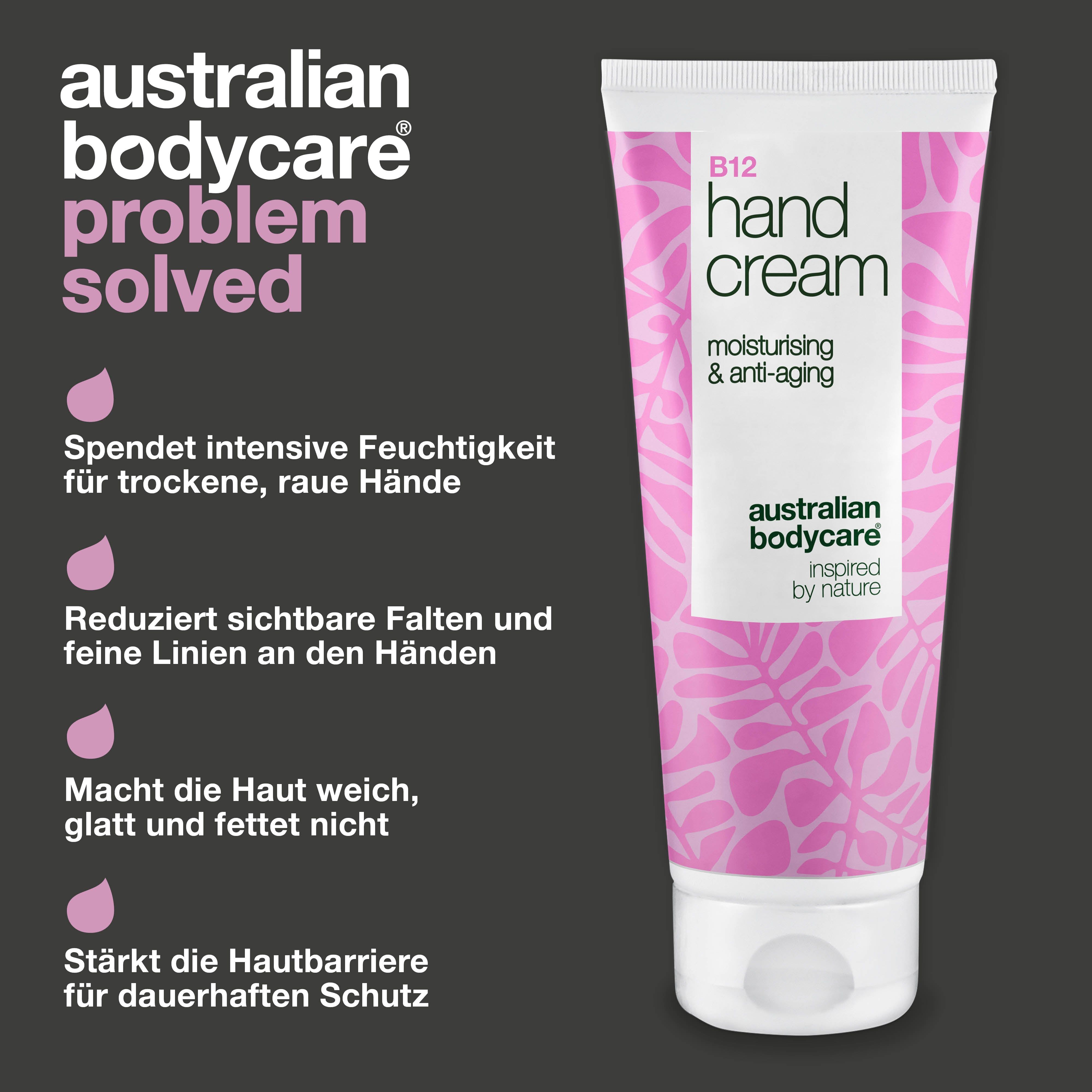 Tube Handcreme, rosa Muster, Text: B12 Hand Cream, Australian Bodycare. Text: Problem Solved. Rosa Tropfen.