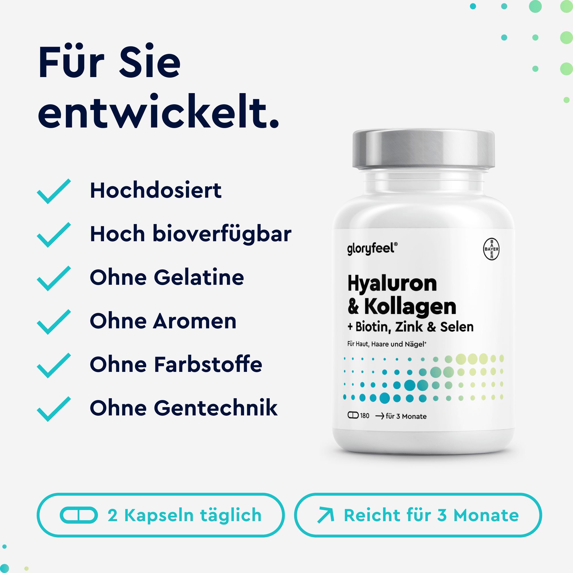 Weiße Flasche mit Kapseln. Aufschrift: Hyaluron & Kollagen + Biotin, Zink & Selen. Text: Hochdosiert, ohne Gelatine, Aromen, Farbstoffe, Gentechnik.