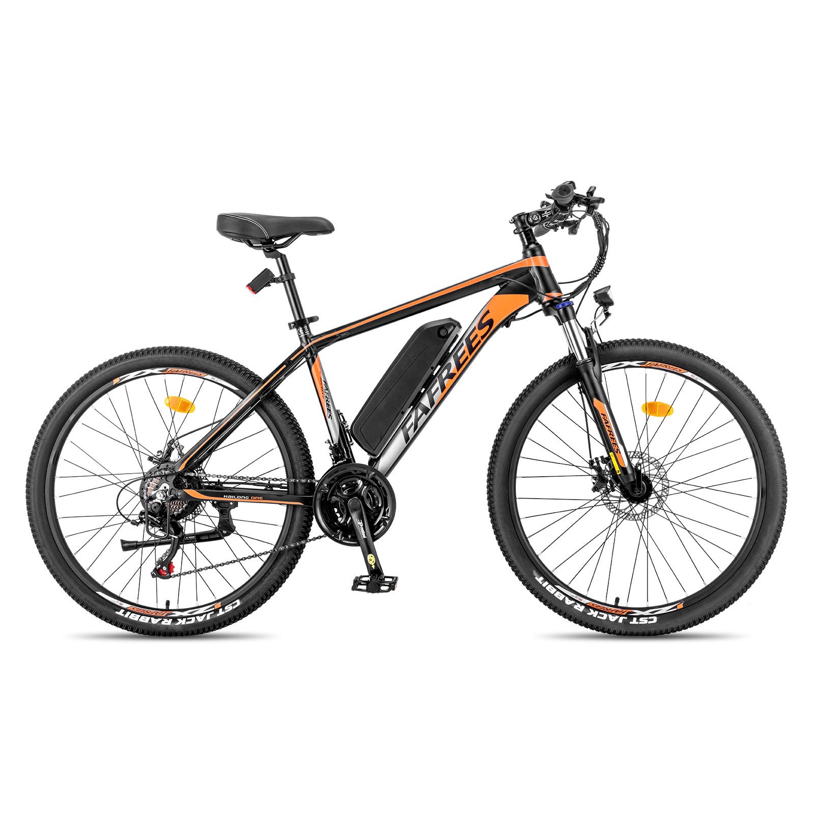 Schwarzes Mountainbike mit orangefarbenen Akzenten. Sichtbar: Akku, 21 Gänge, Scheibenbremsen. Aufschrift: FAFREES.