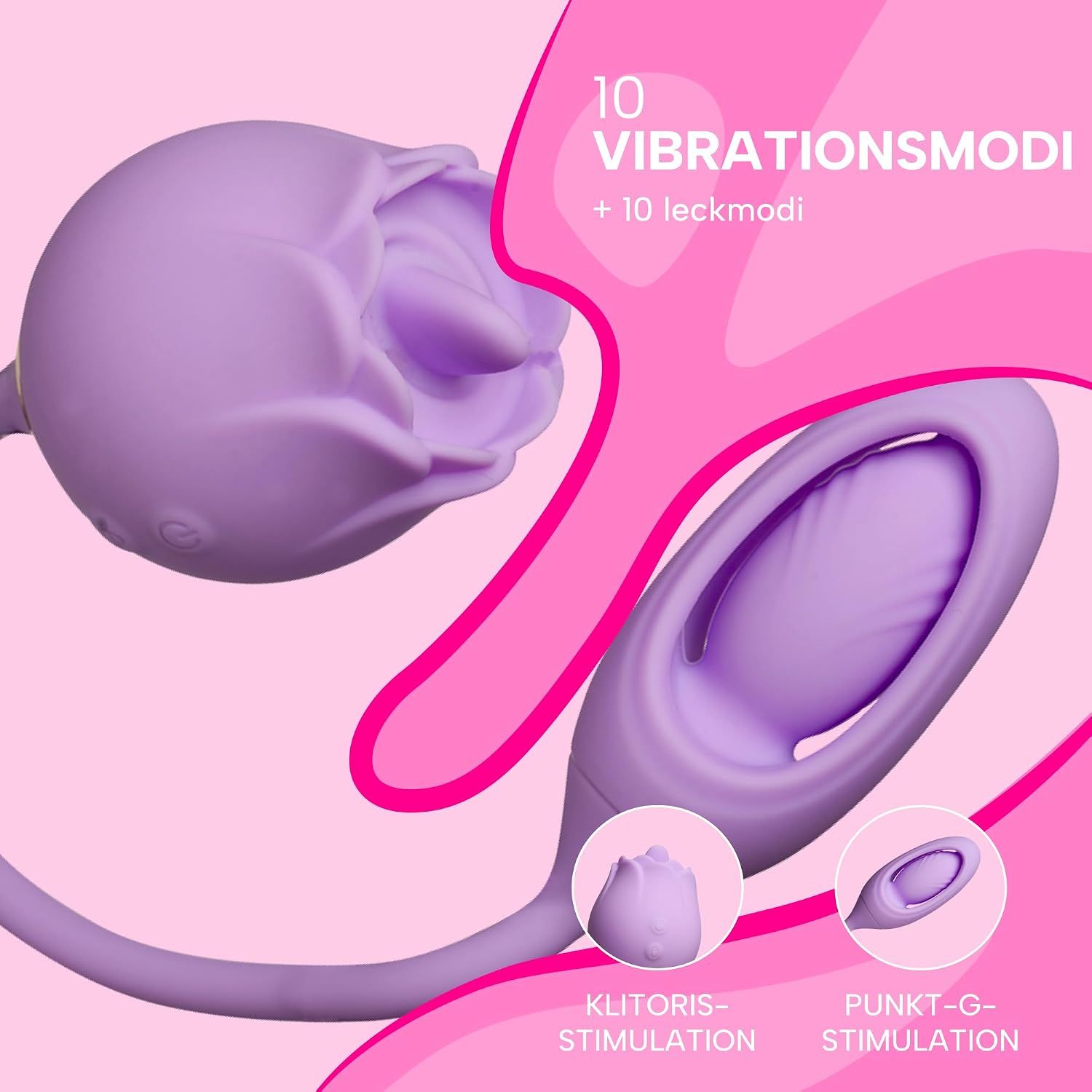 Lila Vibrator in Rosenform mit zwei Stimulationsaufsätzen.