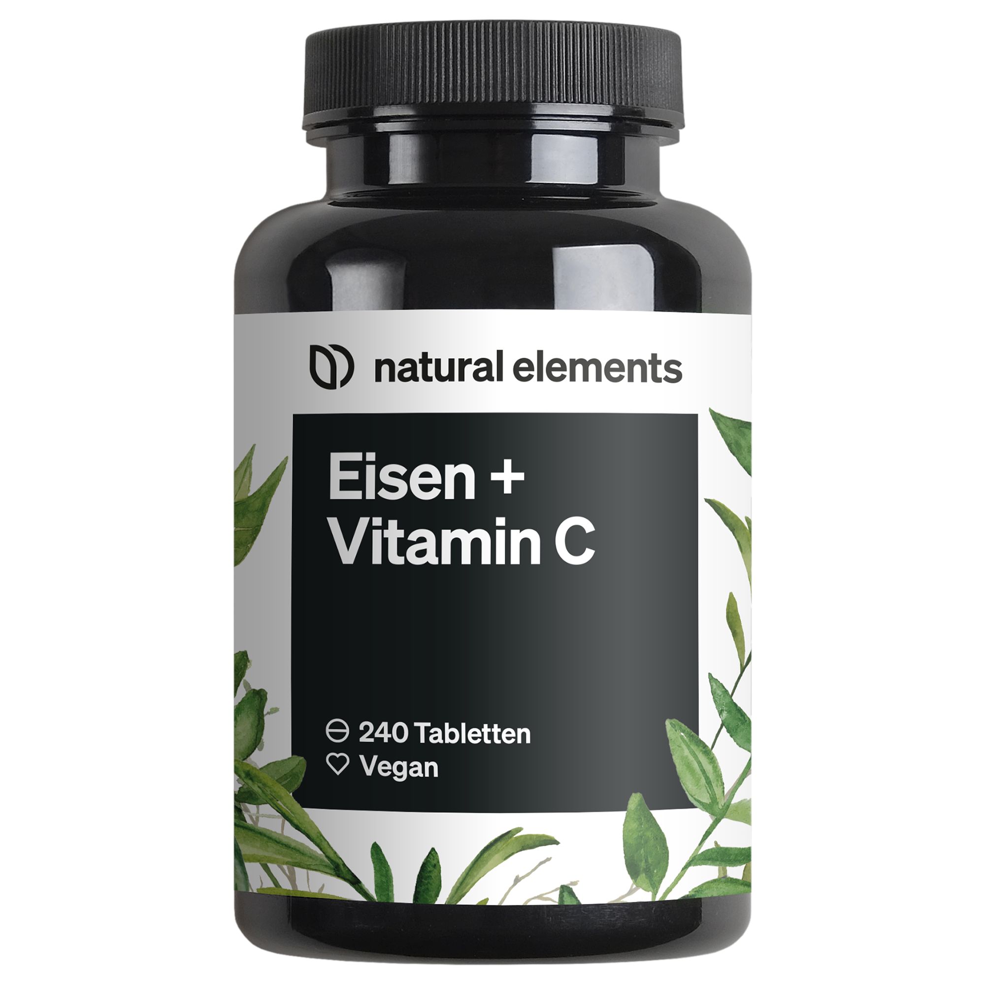 Schwarze Flasche mit Etikett. Aufschrift: Eisen + Vitamin C, 240 Tabletten, Vegan. Grünpflanzen-Dekor.