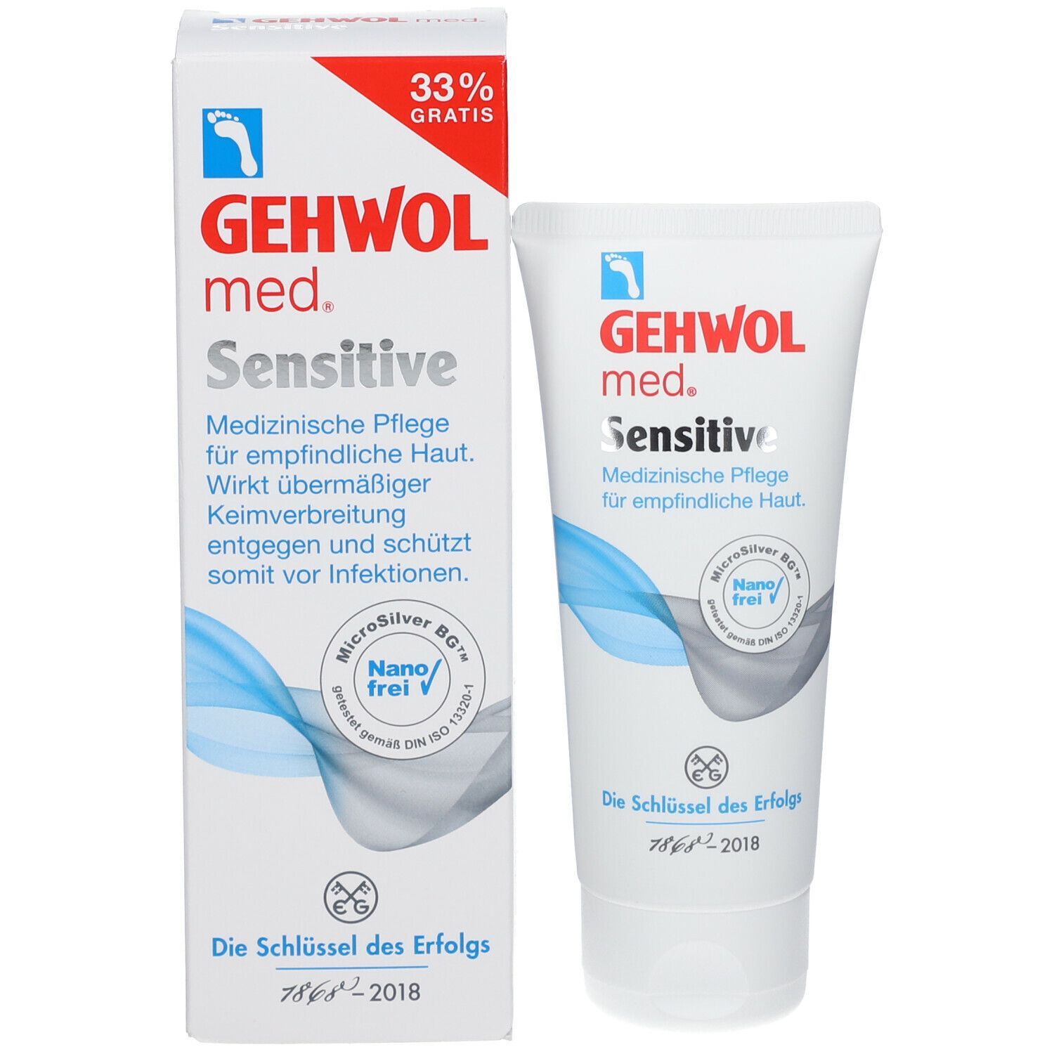 GEHWOL med Sensitive Creme. Tube und Schachtel. Weiß, blau, rot. Text: Sensitive, MicroSilver BG, Nano-frei, 33% gratis.