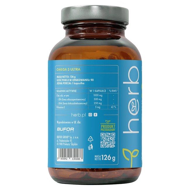 Rückseite einer Flasche Herb Omega 3 Ultra. Enthält 90 Kapseln, 126g. Informationen zu Inhaltsstoffen und Nährwerten.