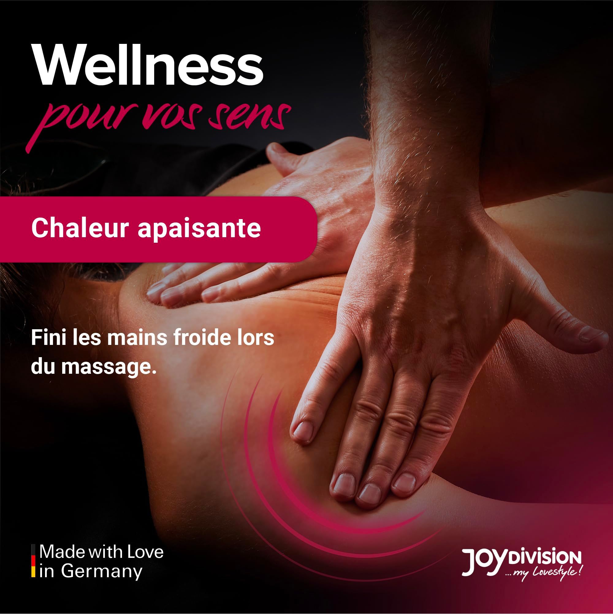 Hände massieren einen Rücken, mit Text "Wellness pour vos sens".