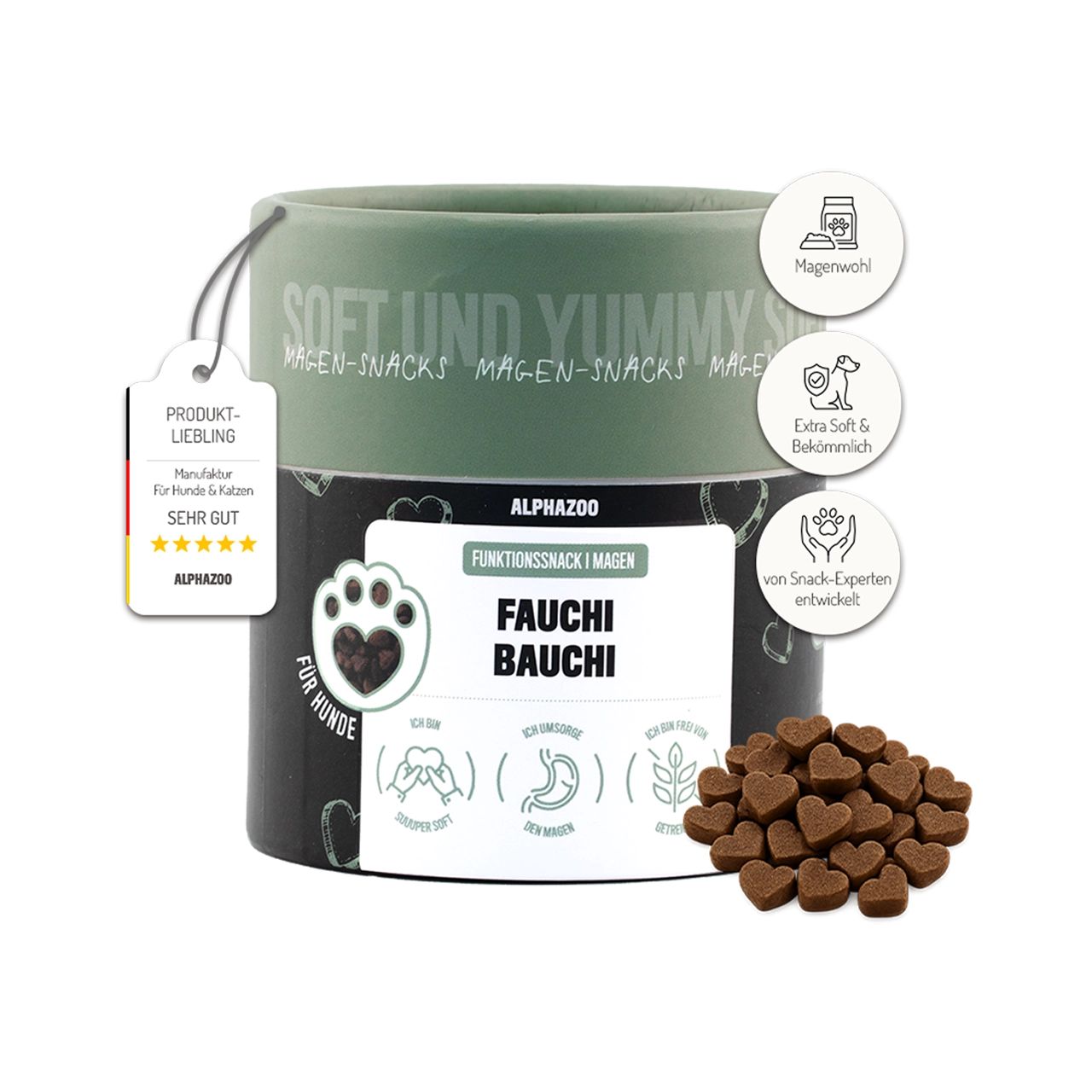Zylinderdose mit Hunde-Snacks. Aufschrift: alphazoo Fauchi Bauchi. Herzförmige Snacks daneben.