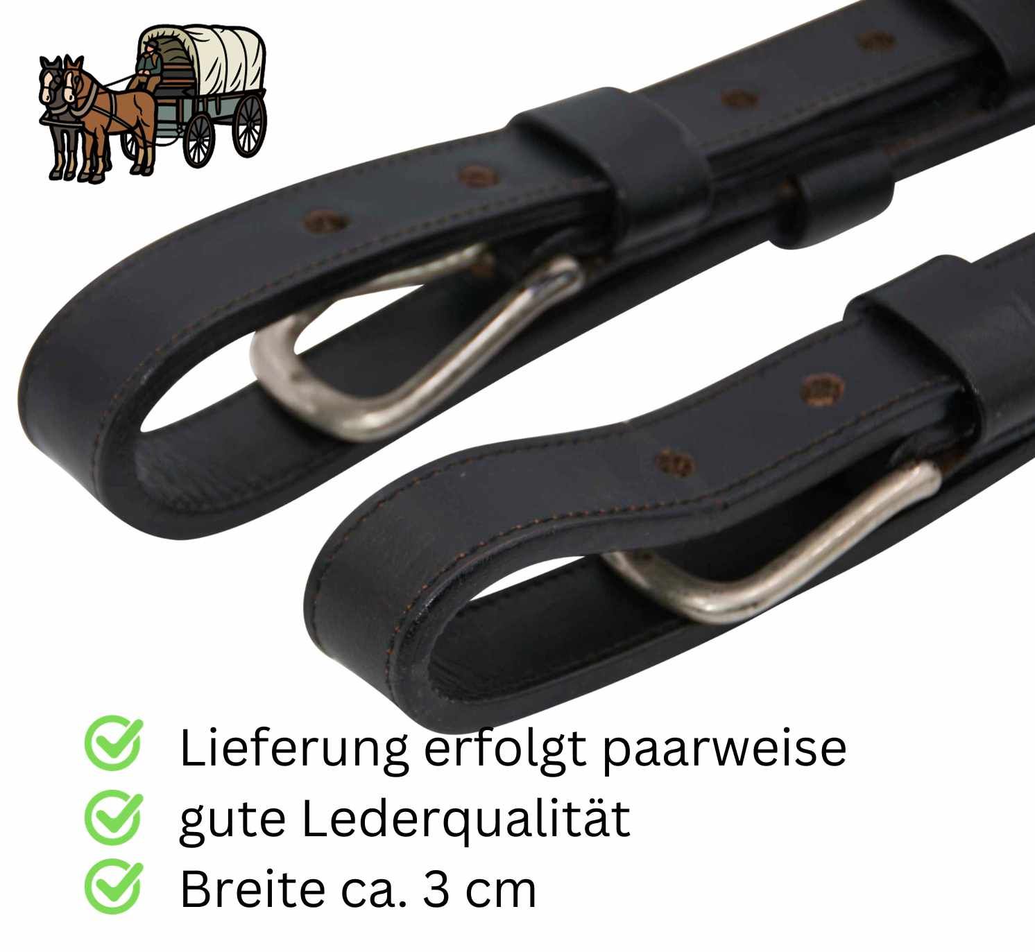 Zwei schwarze Lederriemen mit Metallschnallen. Text: Lieferung paarweise, gute Lederqualität, Breite ca. 3 cm.