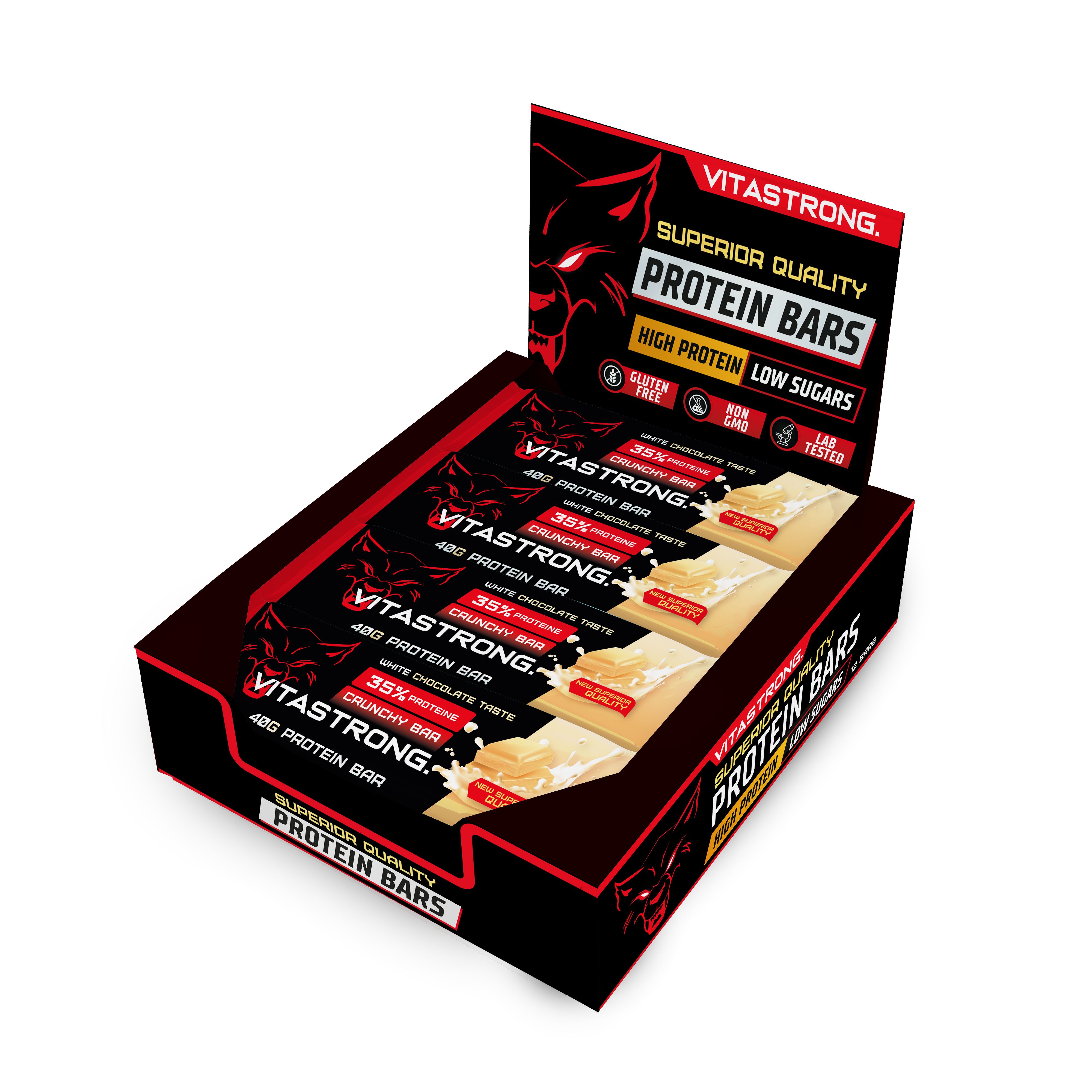 Verpackung mit Proteinriegeln. Schwarze Schachtel mit roten Akzenten. Enthält mehrere einzeln verpackte Riegel.