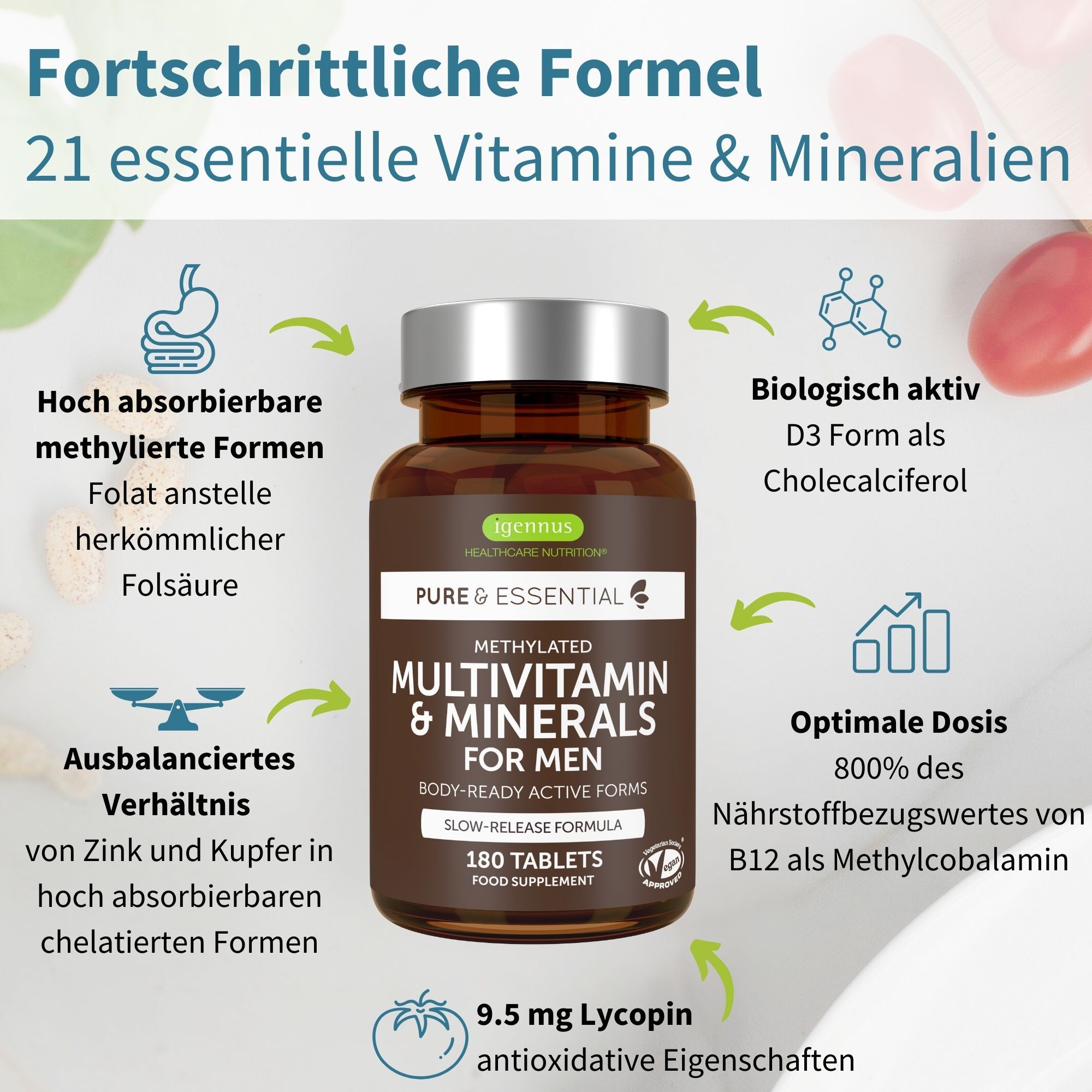 Braune Flasche mit Tabletten. Aufschrift: Methyliertes Multivitamin & Mineralien für Männer. 180 Tabletten. Diagramme mit Inhaltsstoffen.