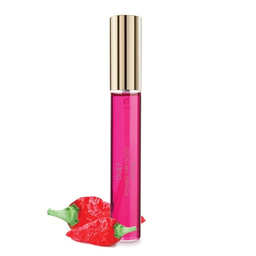Ein pinkfarbenes Lipgloss-Fläschchen mit goldenem Deckel. Daneben Chilischoten.