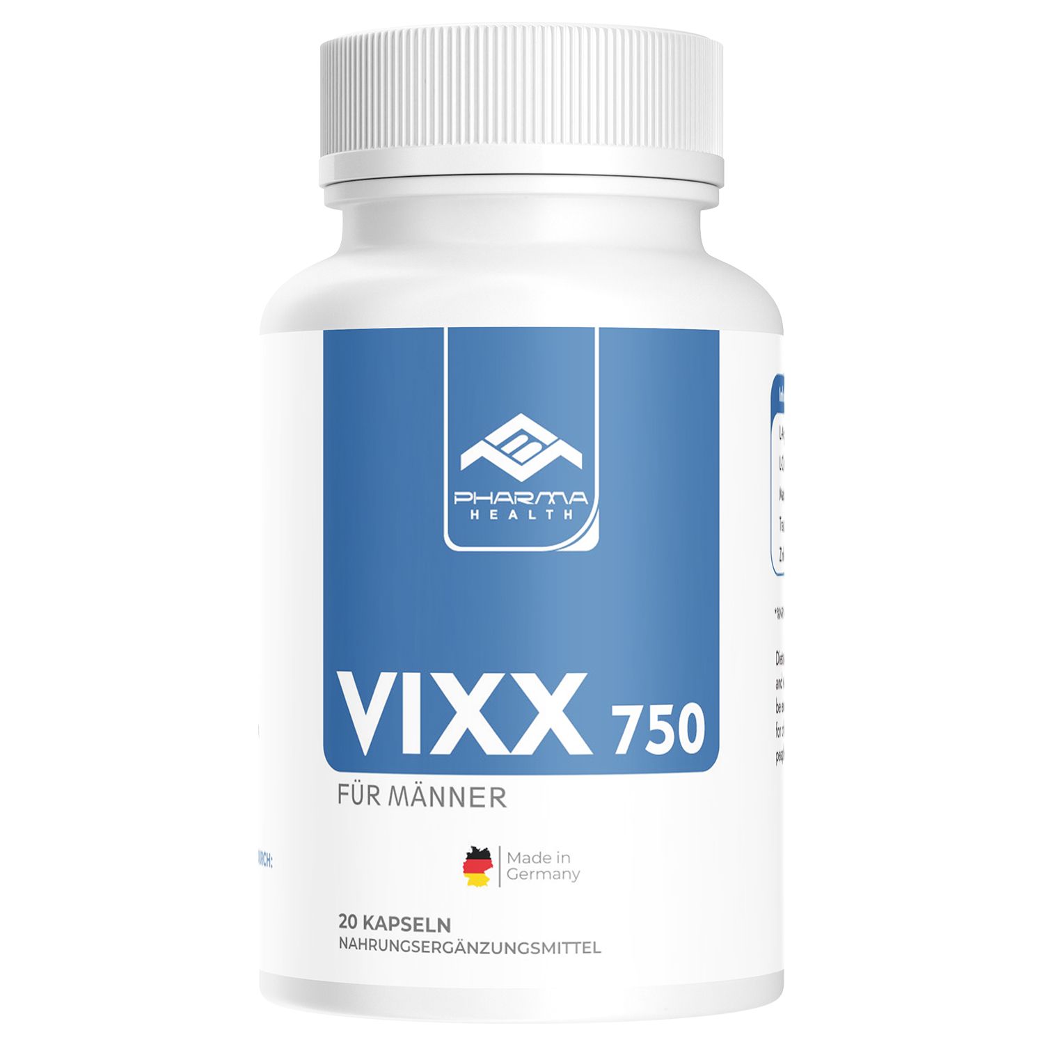 Weiße Flasche mit blauer Etikett. Aufschrift: Pharma Health, Vixx 750 für Männer. 20 Kapseln. Hergestellt in Deutschland.