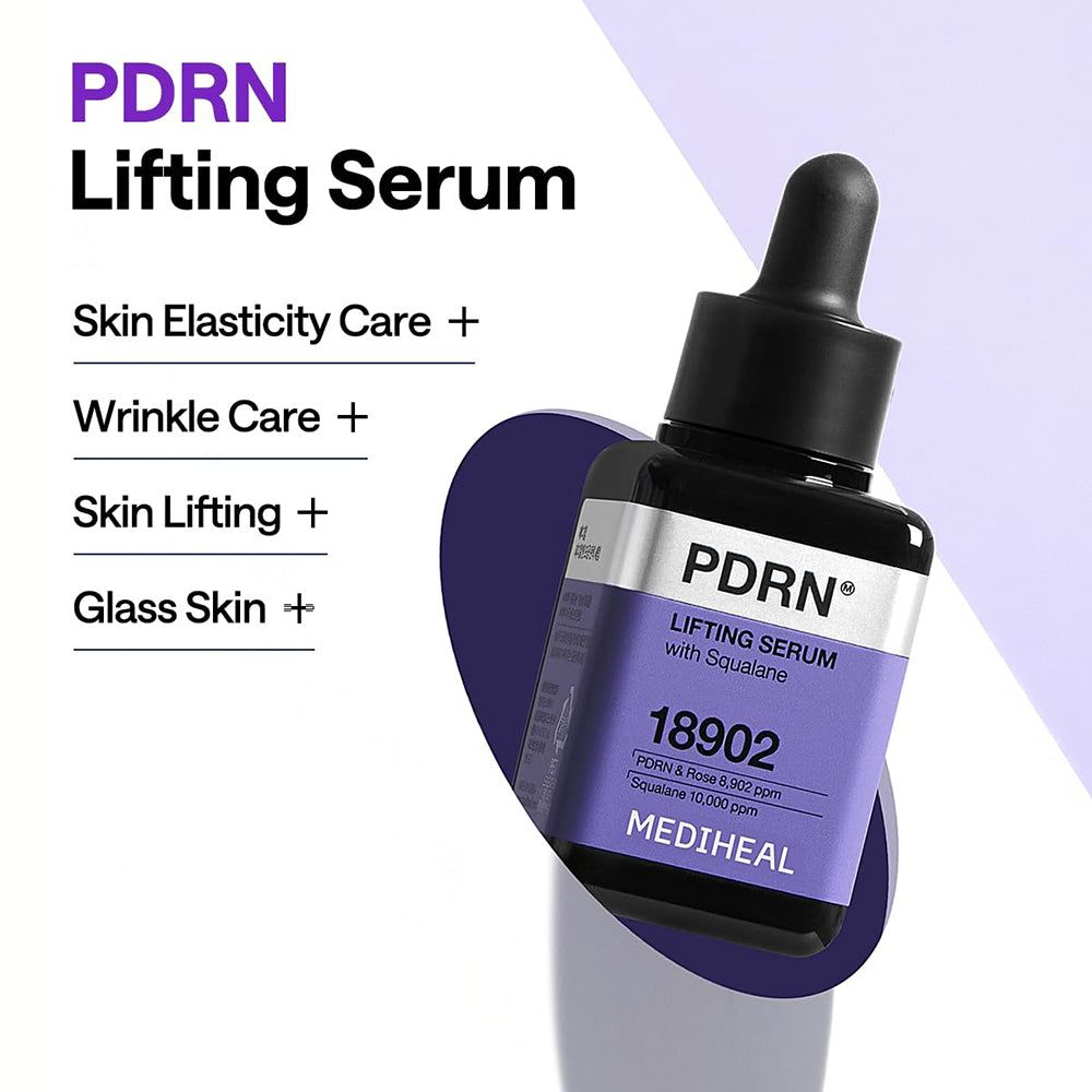 Serumflasche mit schwarzem Deckel. Aufschrift PDRN Lifting Serum. Lila Etikett mit Text und Marke MEDIHEAL. Text: Skin Elasticity Care +.