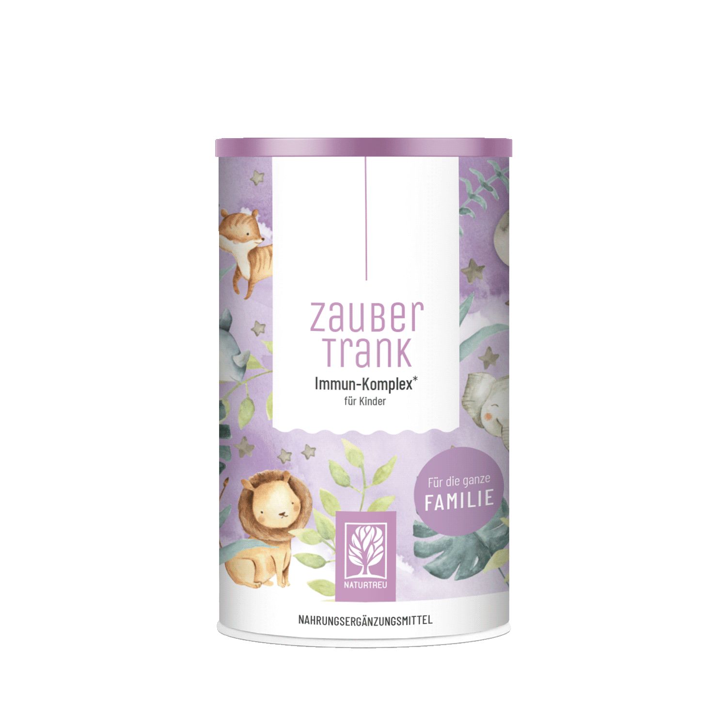 Dose mit kindgerechtem Design, Aufschrift 'Zauber Trank Immun-Komplex'.
