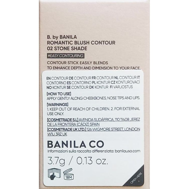 Rückseite der BANILA CO Romantic Blush Contour 02 Stone Shade Verpackung mit Details.