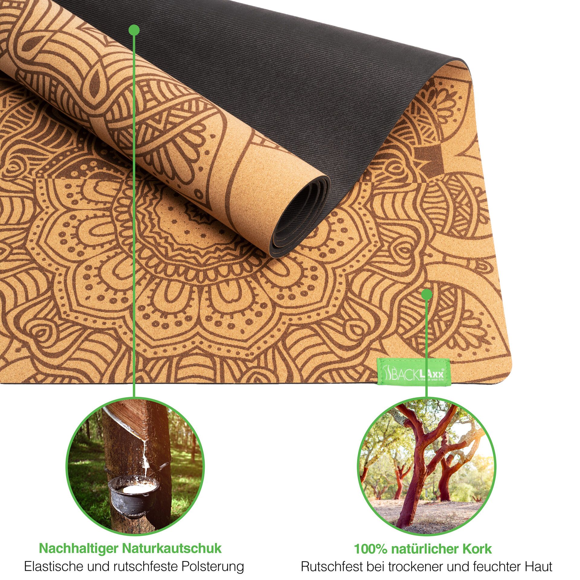 BACKLAxx® Yogamatte Kork mit Naturkautschuk 183x61x0,4cm