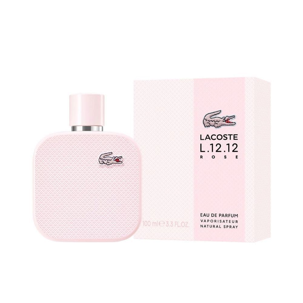 Rosa Lacoste L.12.12 Rose Eau de Parfum Flakon und Verpackung. Logo Krokodil. Text: Eau de Parfum, Natural Spray.