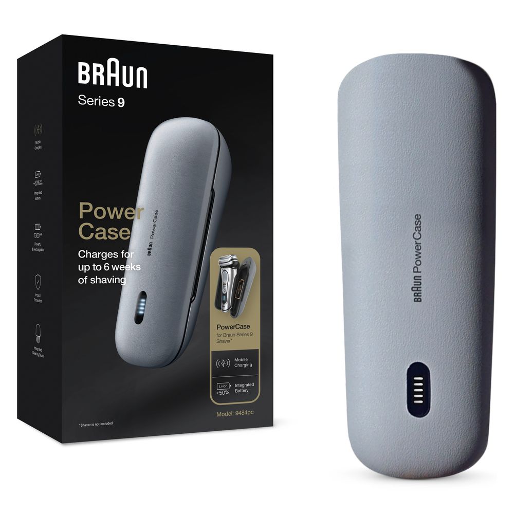 Grau-schwarzes Ladeetui mit Braun-Logo und Ladeanzeige. Auf der Verpackung: Braun Series 9, Power Case, bis zu 6 Wochen Rasieren.