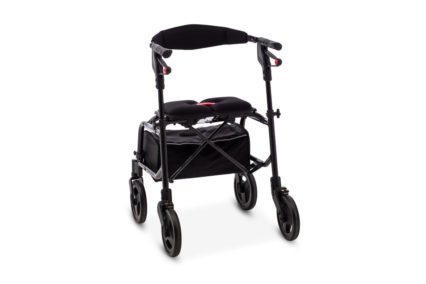 Rollator in Anthrazit, Seitenansicht. Vier Räder, Sitz, Tasche. Schwarze Griffe und Nexus-Logo.