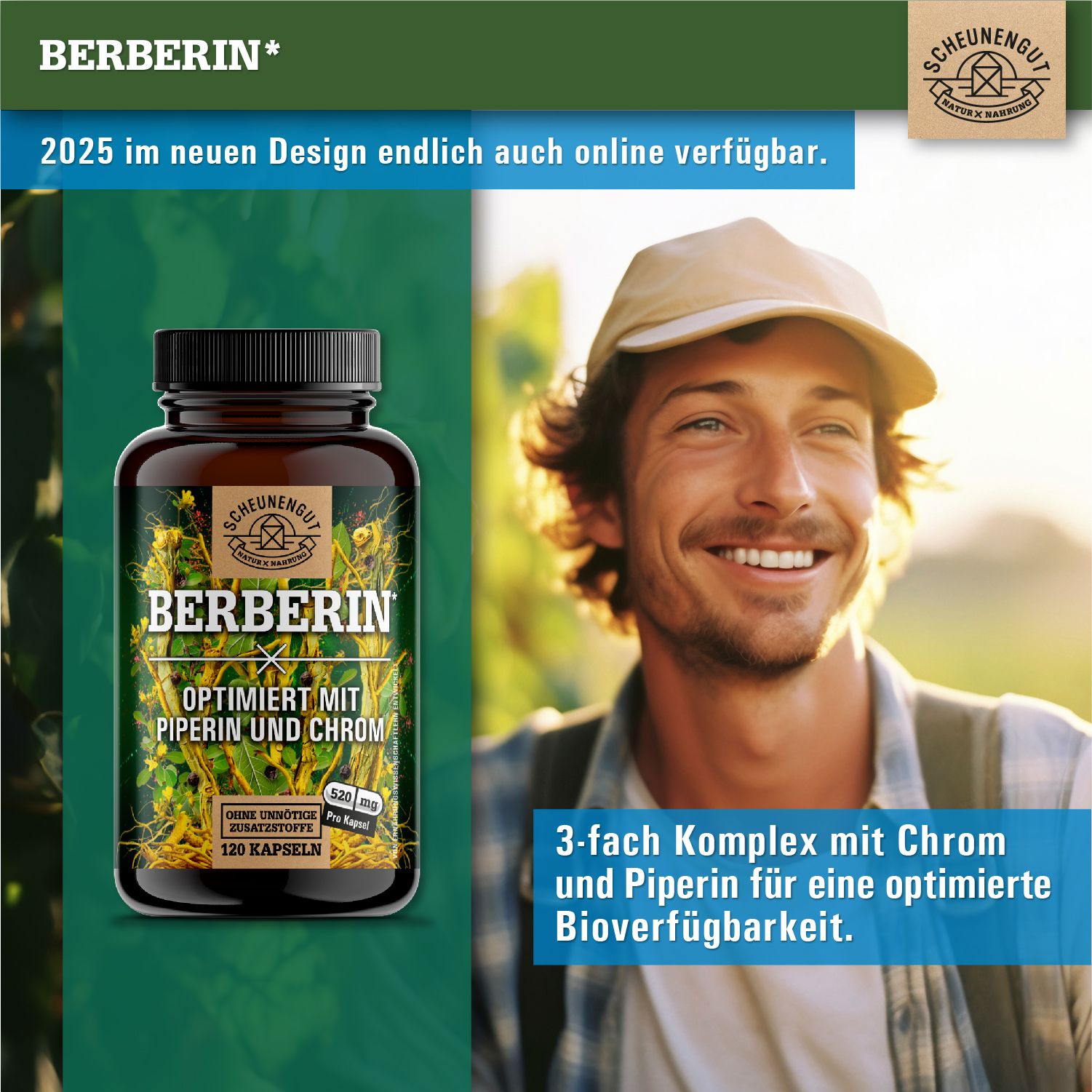 Produktabbildung mit Mann. Berberin-Kapseln. Aufschrift: Berberin, optimiert mit Piperin und Chrom. 120 Kapseln. 3-fach Komplex.