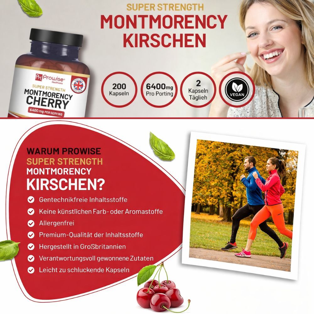 Produktflasche mit "Montmorency Kirschen". Frau lächelt. Text: 200 Kapseln, 6400mg pro Portion, 2 Kapseln täglich. Vegan-Siegel.