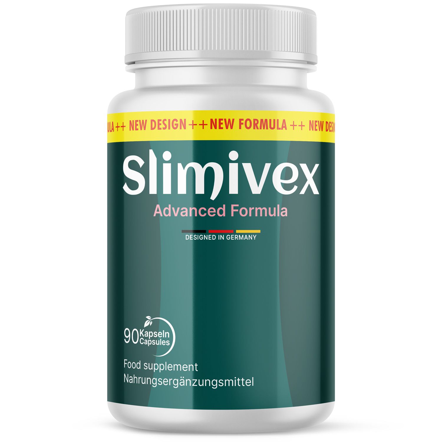 Weiße Flasche mit grünem Etikett. Aufschrift Slimivex, 90 Kapseln. "Advanced Formula" und "Designed in Germany".