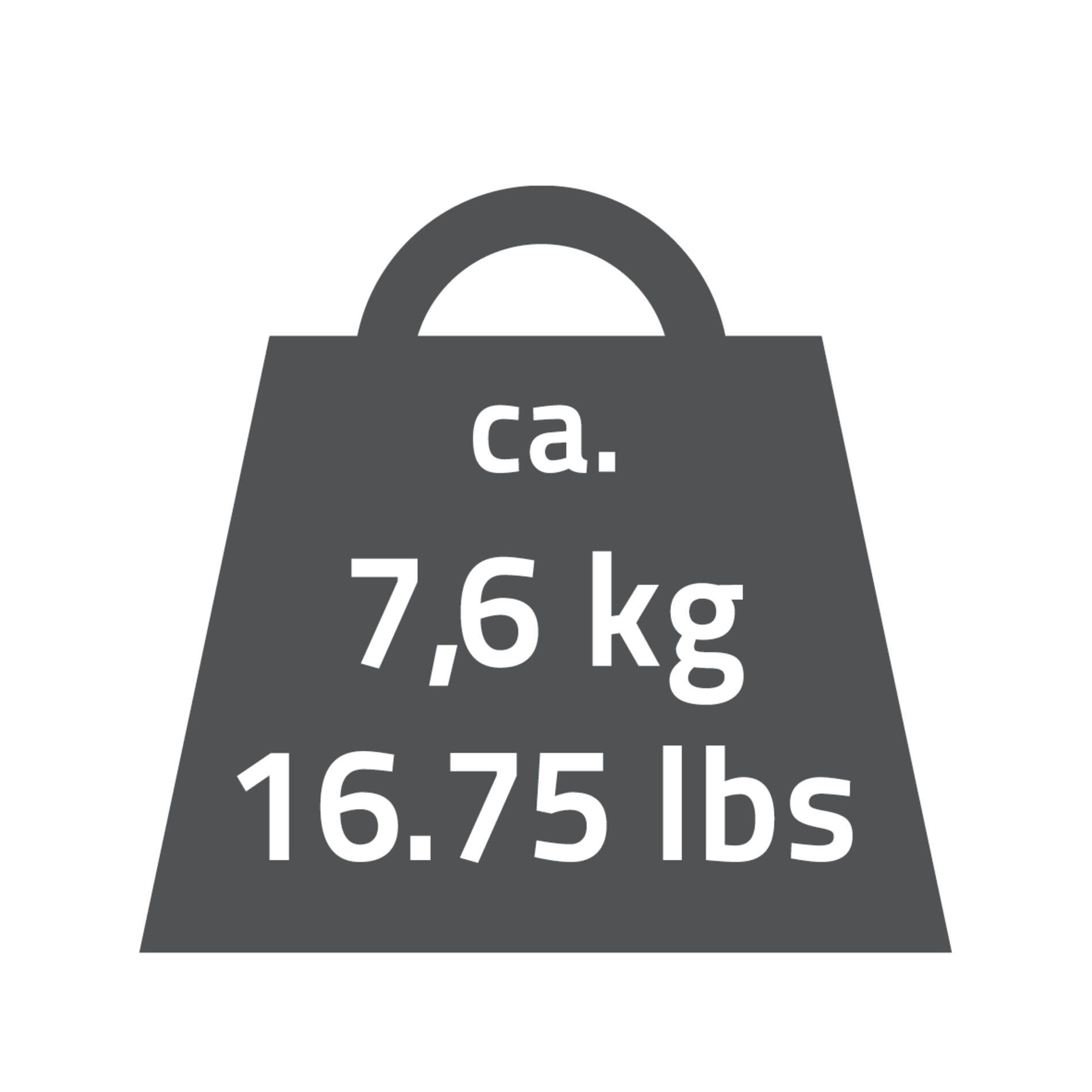 Gewichtssymbol: ca. 7,6 kg / 16,75 lbs. Graue Tasche mit Griff.